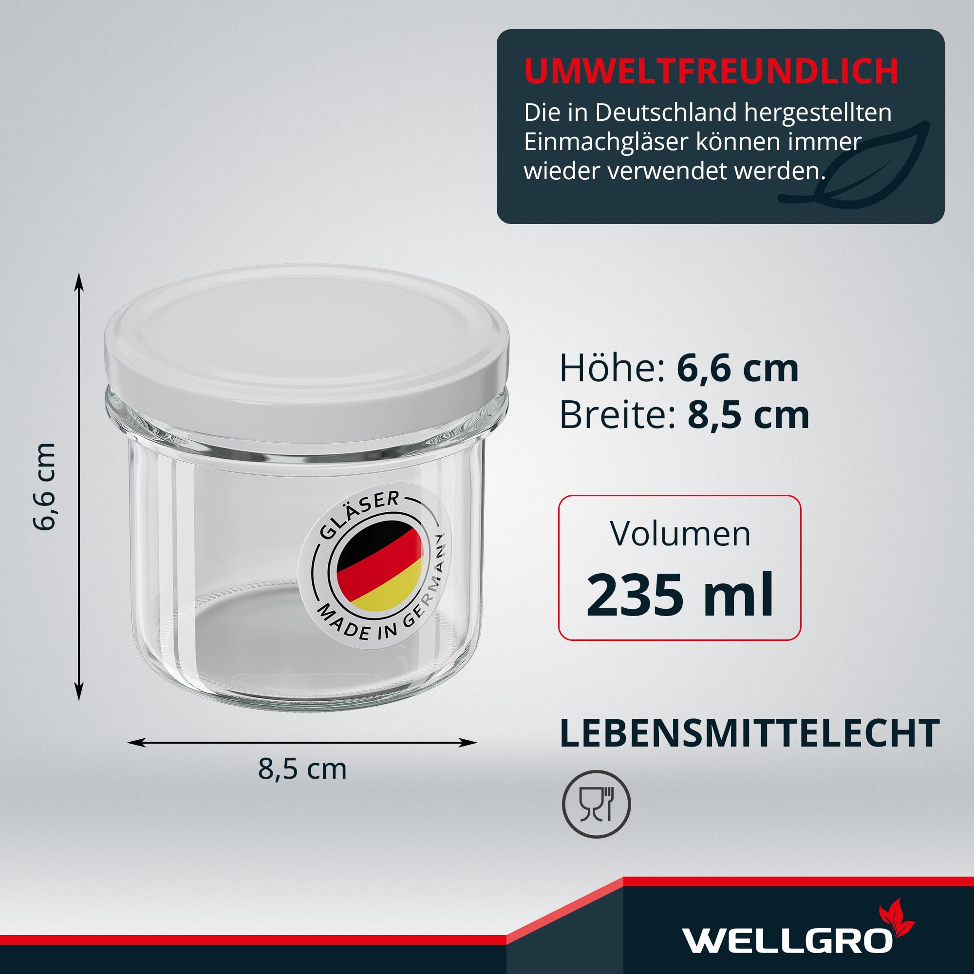 WELLGRO 12x Einmachgläser mit Schraubdeckel - 235ml - Deckel To 82 weiß - Made in Germany