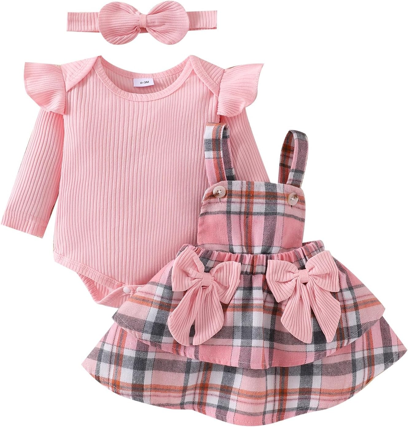 FOCUTEBB Baby Girl Clothes Fall Winter Outfit Long Sleeve Ruffle Romper Plaid Skirt Bow Headband 3 Pcs Set 0-18 Months