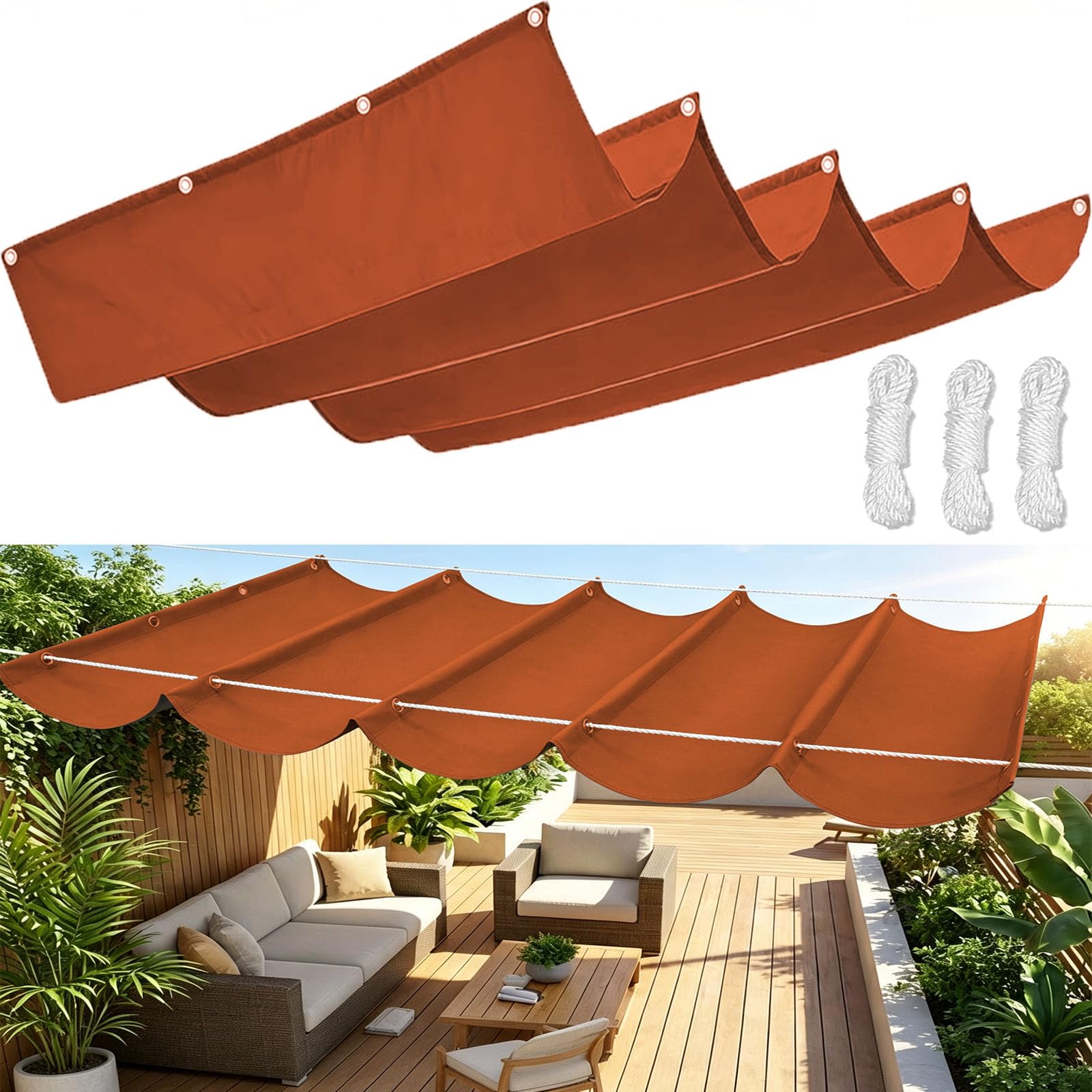 Retractable Wave Sun Shade Sail, Waterproof Sunscreen Awning Canopy UV Rays Blocking, Shade Sails for Garden Patio Pool Yard Party with Free Rope-Rust Red||180x1000cm