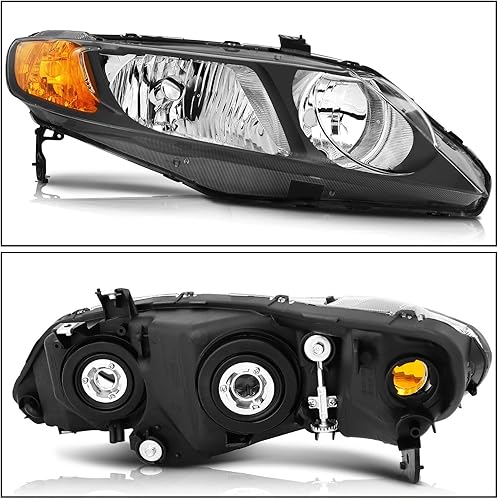 Miniatura 7 de Conjunto de faros delanteros para Honda Civic Sedan 4 puertas 2006-2011 carcasa negra reflector ámbar lente transparente conductor y pasajero lado
