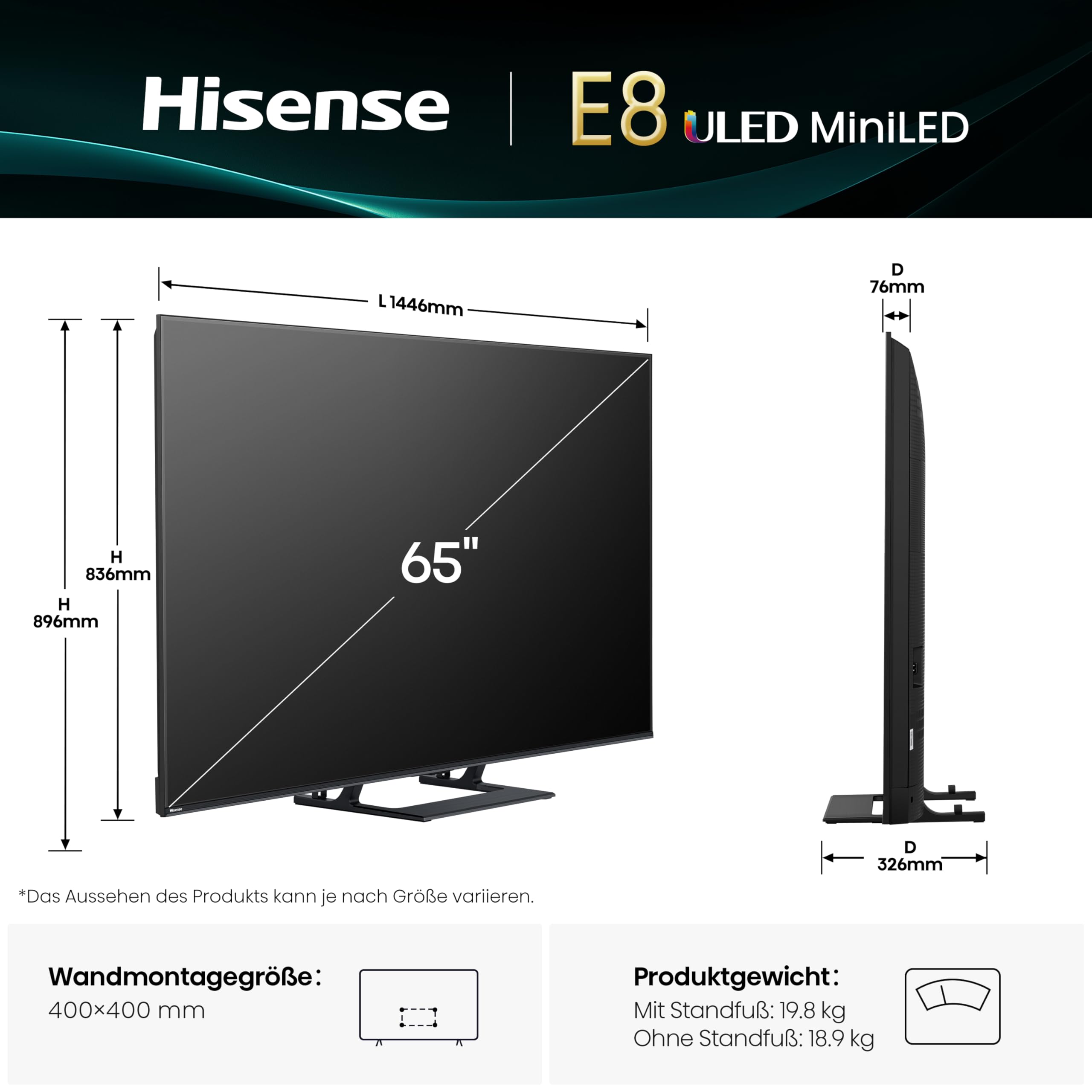Hisense 65E89Q Fernseher, 65 Zoll (164cm), 4K ULED Mini LED, Smart TV, 144Hz Game Mode PRO, Hi-View AI Engine, AI Smoothmotion, Built-in Subwoofer, Dolby Vision.Atmos, Filmmaker Mode, Hi-Concerto