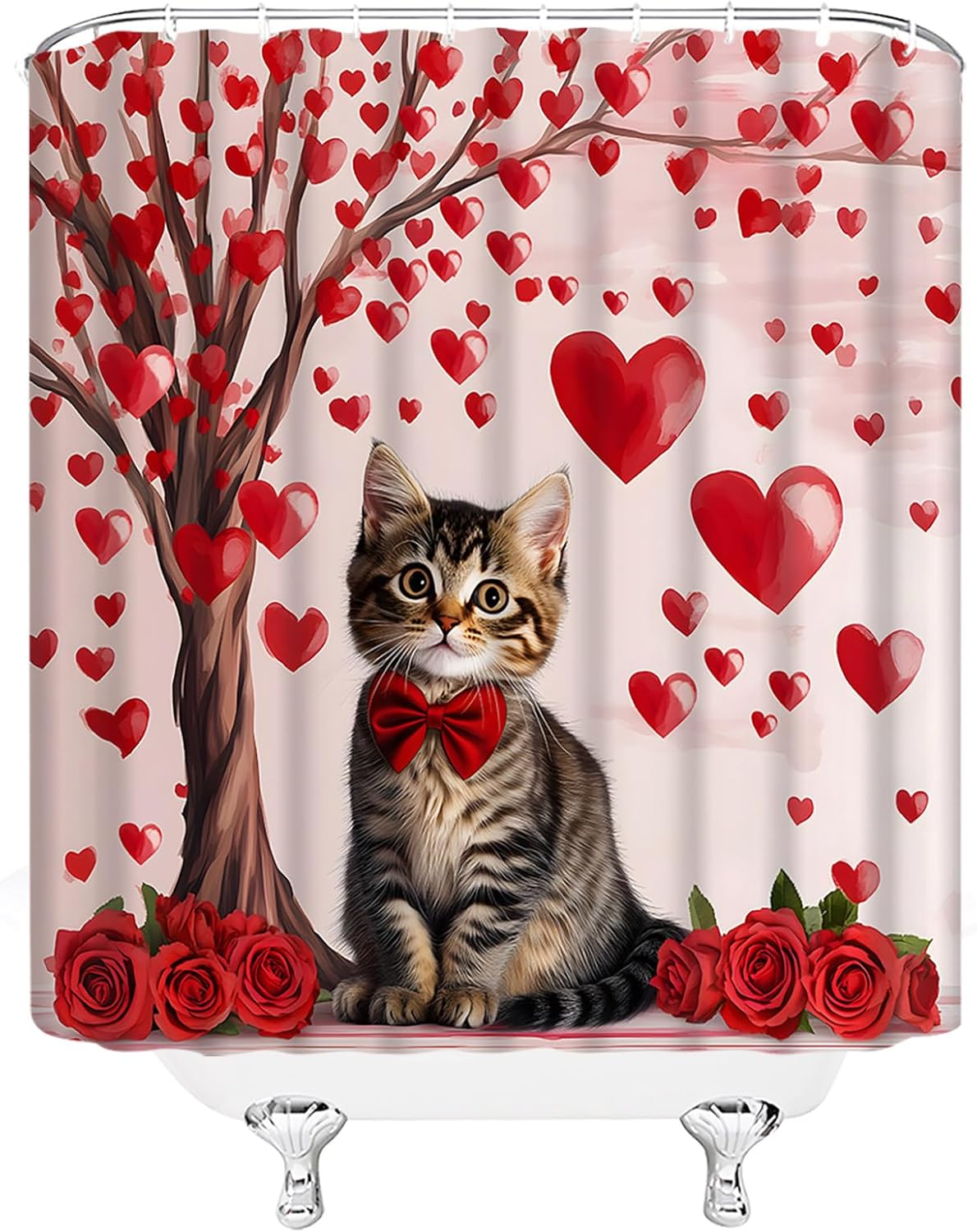 Valentine's Day Cat Extra Long Shower Curtain Red Heart Tree Floral Cute Kittern Animal Sweet Romantic Pink Fabic with Hooks for Bathroom Decor,70x84 Inch