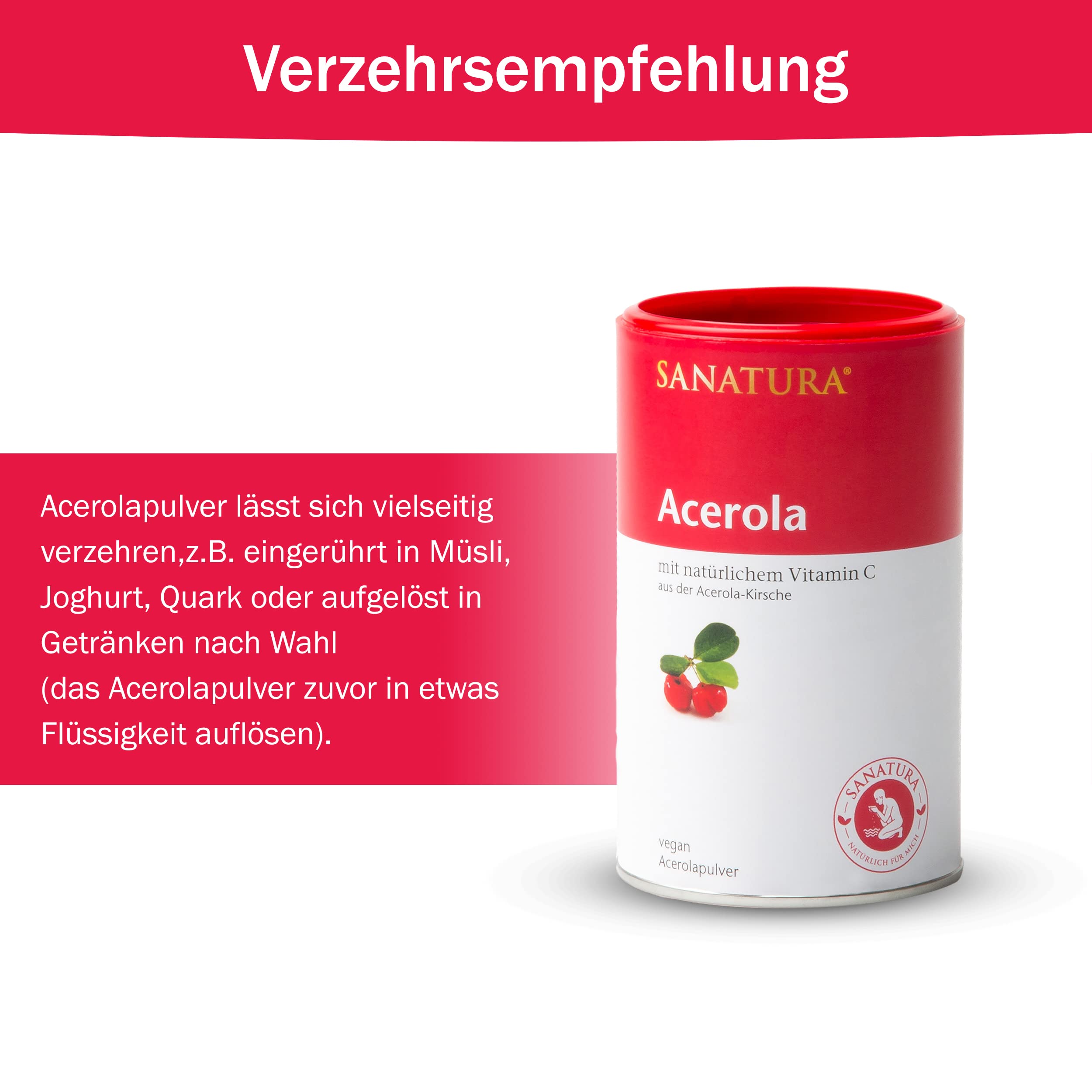 Sanatura Acerola Pulver 3 x 175 g (3er Pack) – natürliches Vitamin C hochdosiert – aus der Acerolakirsche – einfache Anwendung – sehr ergiebig – vegan