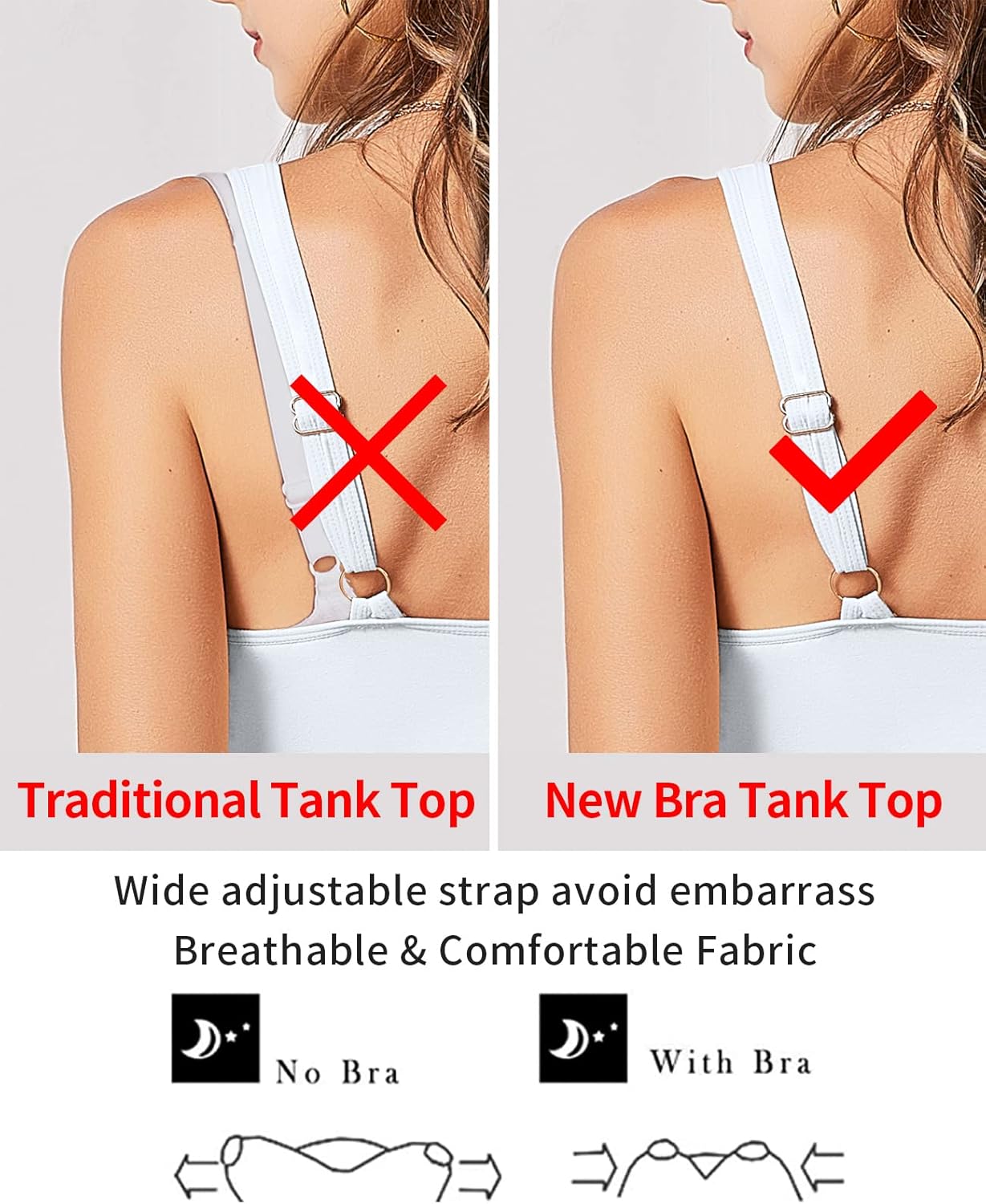 V FOR CITY Tank Top for Women with Built-in Padded Bra Adjustable Wide Strap Camisole Cotton Cami Shirts - Image 5