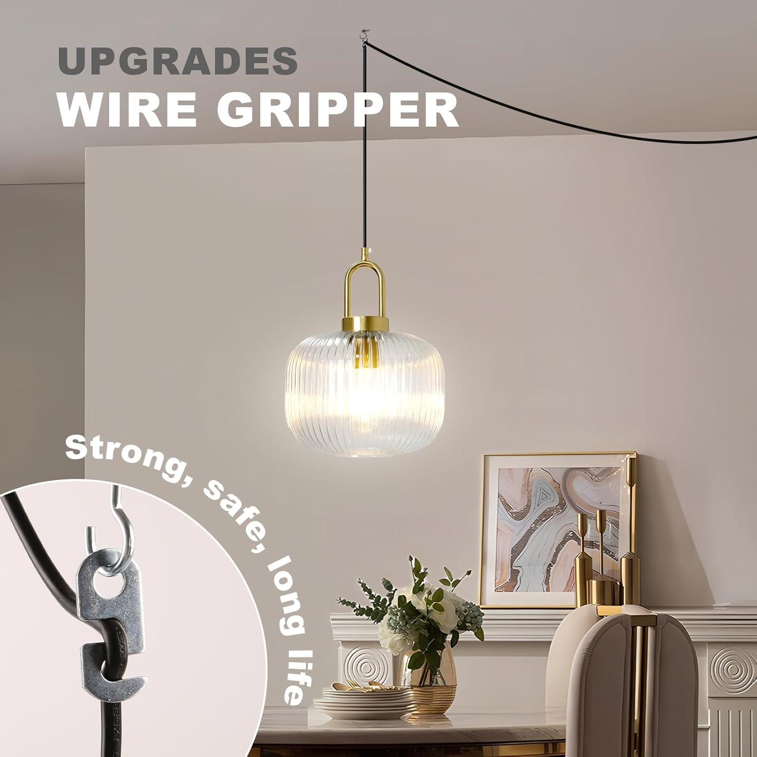 Modern Plug in Pendant Light, Large Glass Globe Hanging Pendant Lamp with 14.75Ft Cord, Mid Century Gold Hanging Chandelier for Dining Room Kitchen Island Bedroom Living Room