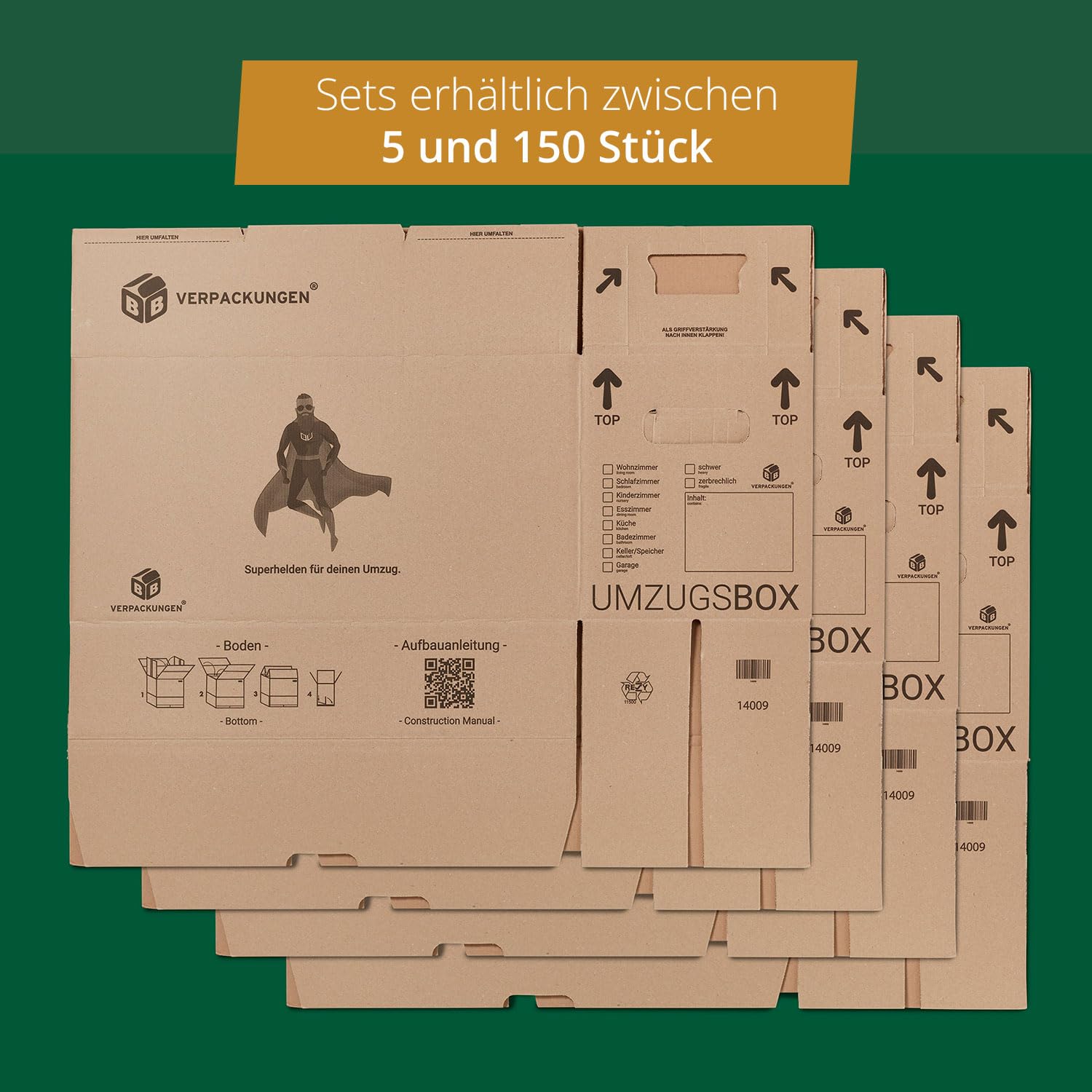 BB-Verpackungen 10 x Umzugskarton aus recycelter Pappe, sehr stabil mit doppeltem Boden (belastbar bis 40 kg) - Sets zwischen 5 und 150 Stück