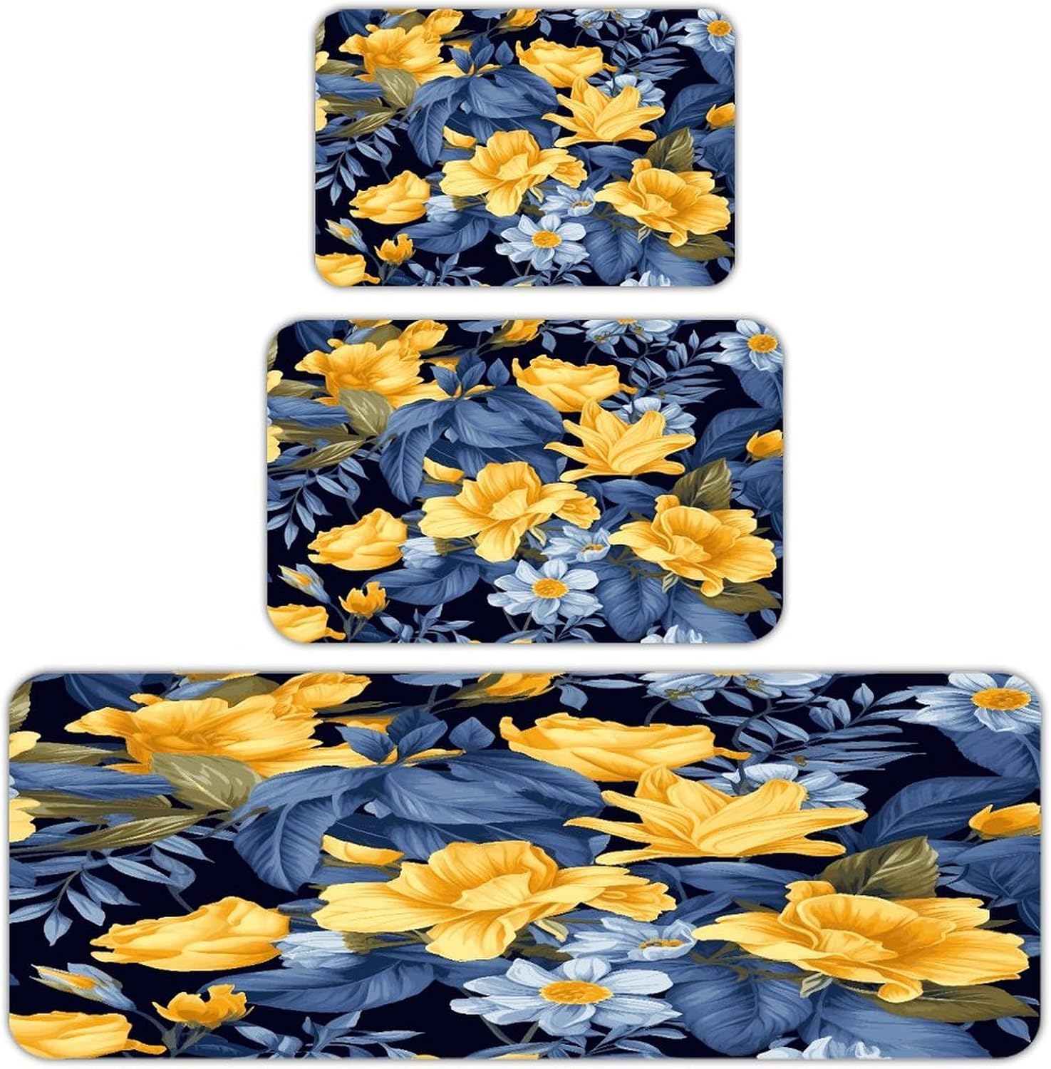 Blue Base Yellow Floral 3-Piece Kitchen Rug Indoor Door Mat | Non-Slip Kitchen Mat for Profile Absorbent, Moisture-Wicking and Breathable for Bathroom Laundry Room Bedroom Home Decor