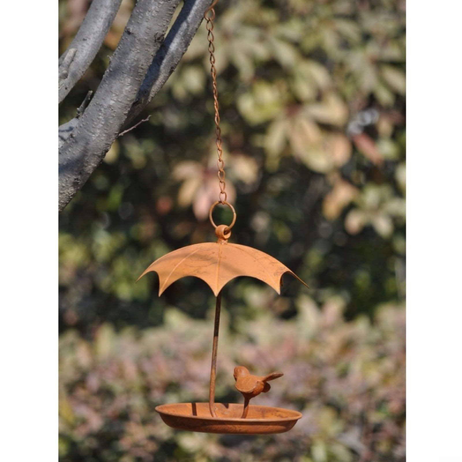 Mangiatoia per uccelli in metallo rustico, da appendere, decorazione da giardino, effetto ruggine, resistente alle intemperie, con gancio, per uccelli selvatici