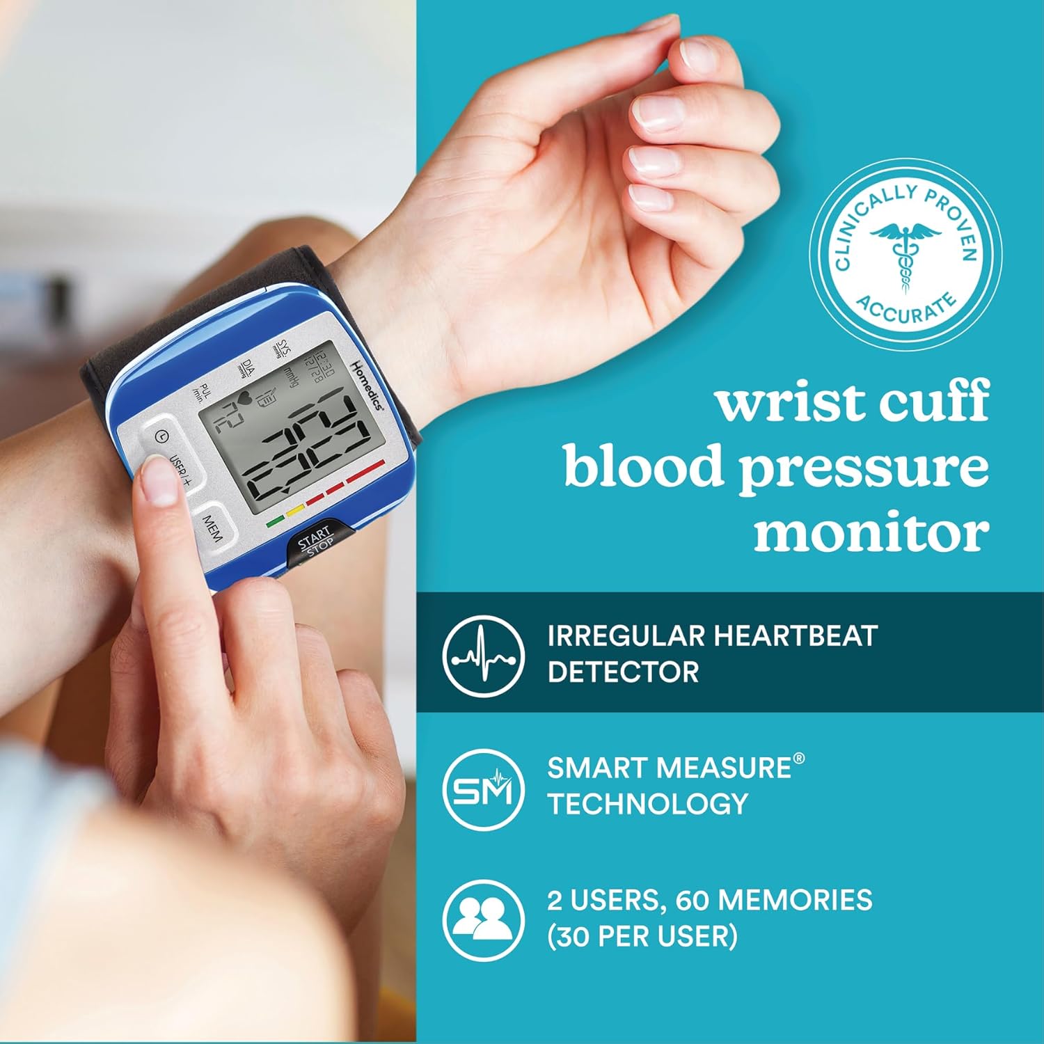 HoMedics Blood Pressure Monitor, Automatic Wrist Blood Pressure Machine with Easy One-Touch Operation, Stores up to 30 Readings for 2 Users, Attached Blood Pressure Cuff and Storage Case Included