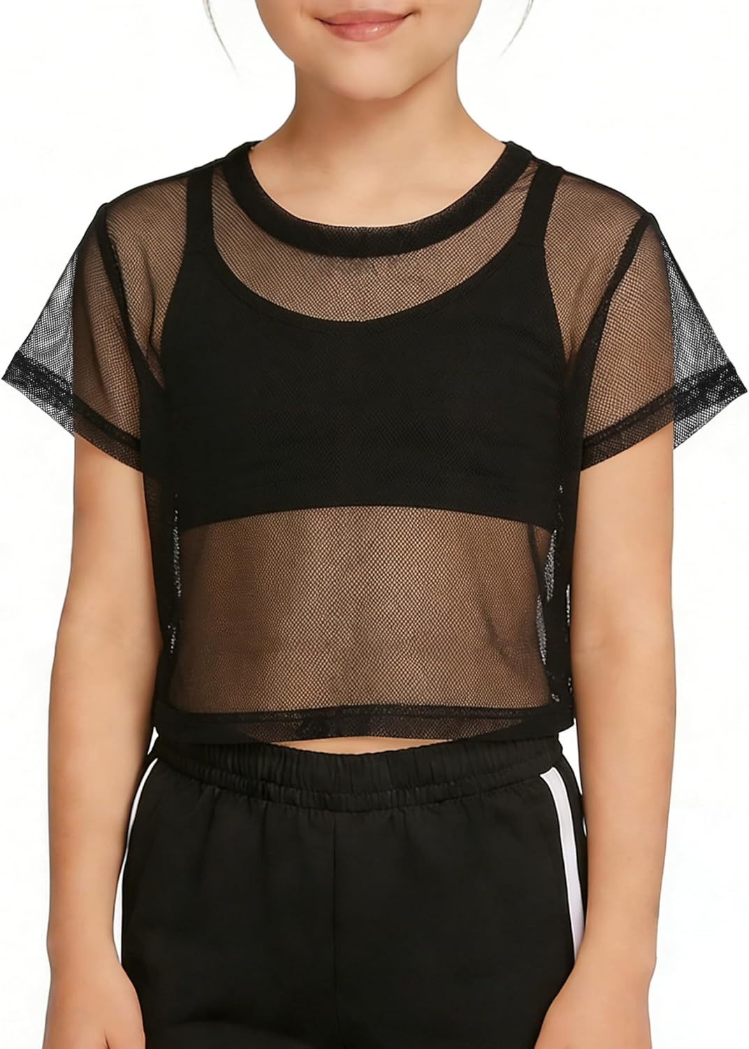 Girls Crop Top Short Sleeve Breathable Mesh Sheer Layering Shirts Dance Cover Up Blouse