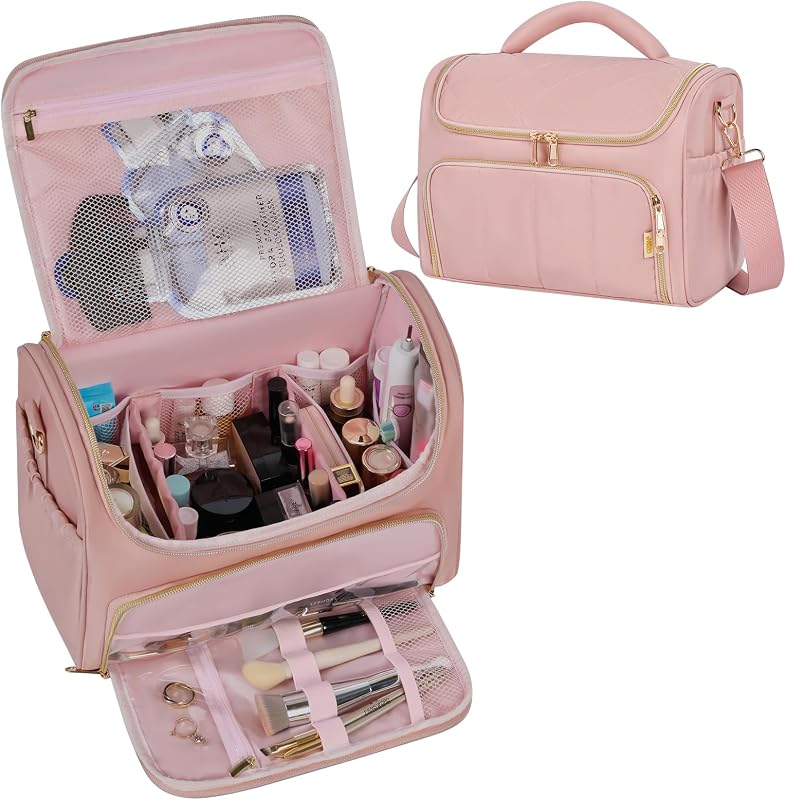 Necessaire de viagem GR69N com abertura ampla, divisórias, alça e alça de ombro, rosa-escuro