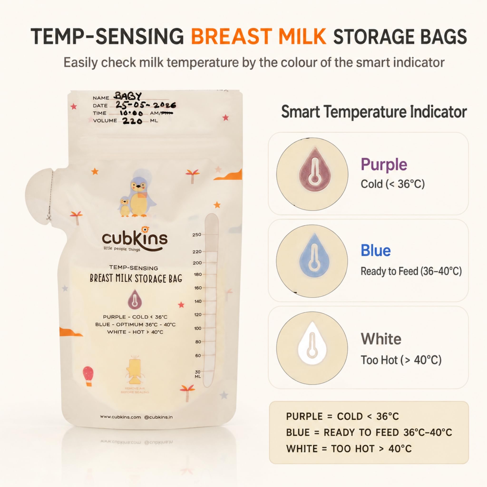 Cubkins Breast Milk Storage Bags 250ml (Pack of 50) | Smart Temperature Indicator | Pre-Sterilized, BPA Free | Leak Proof Double Zipper | One-Way Pour Spout | Self-Standing Freezer Bags with Marker 1