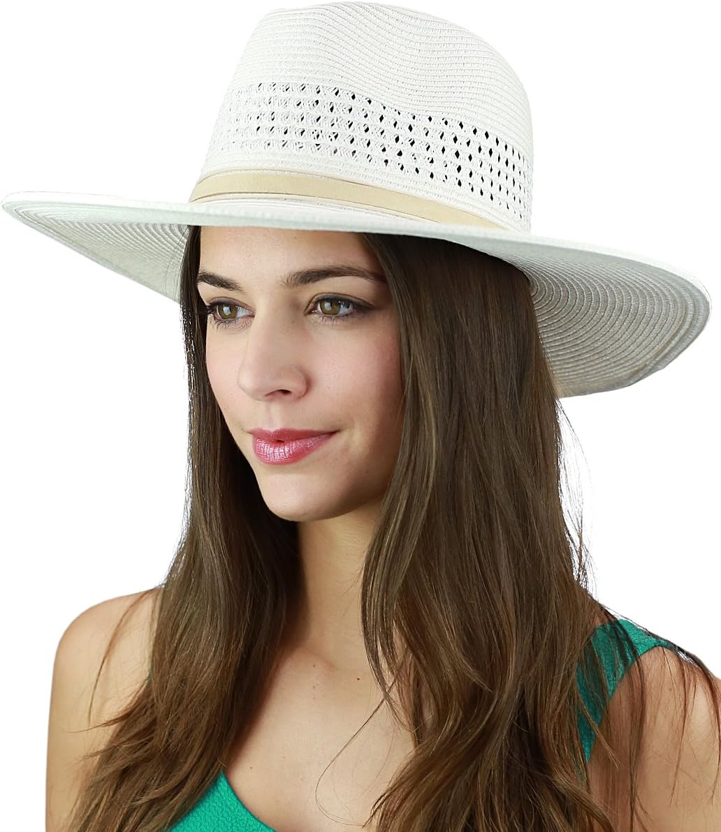 C.C Women's String & Faux Suede Band Wide Brim Weaved Panama Summer Sun Hat
