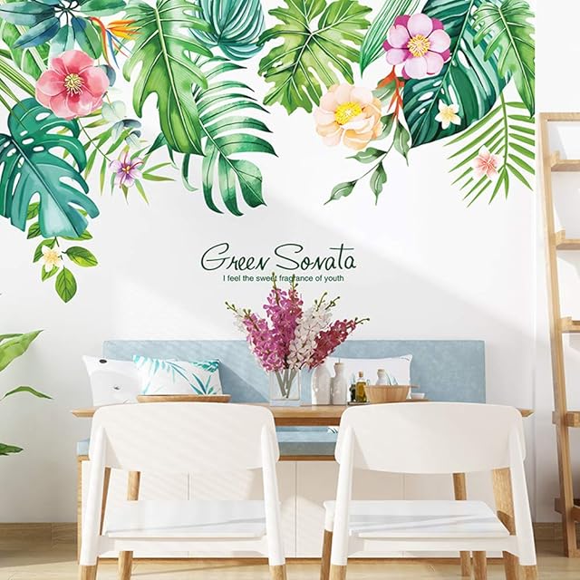 DIY Green Plants Leaves Tropical Flower Wall Decal, VASZOLA Removable Watercolor Plant Leaf Wall Sticker Home Nursery Decor Art Murals Paper Decoration For Bedroom Living Room Office Bathroom