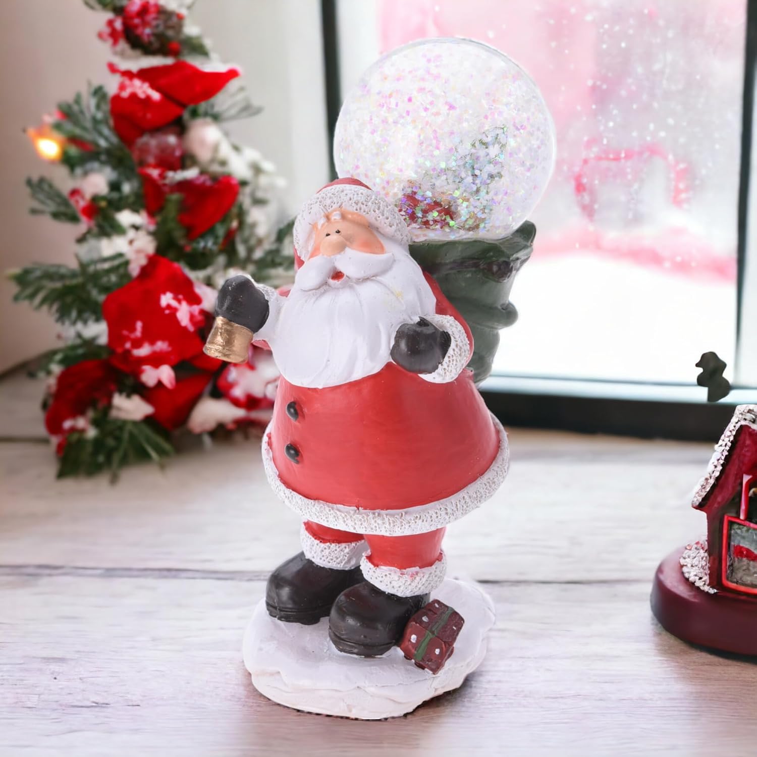 MIJOMA Festive Snow Globe with Christmas Motif, Magical Table Decoration, Loving Details, Hand-Painted, Made of Sturdy Artificial Stone (5 x 6 x 13 cm, Santa with Bell)