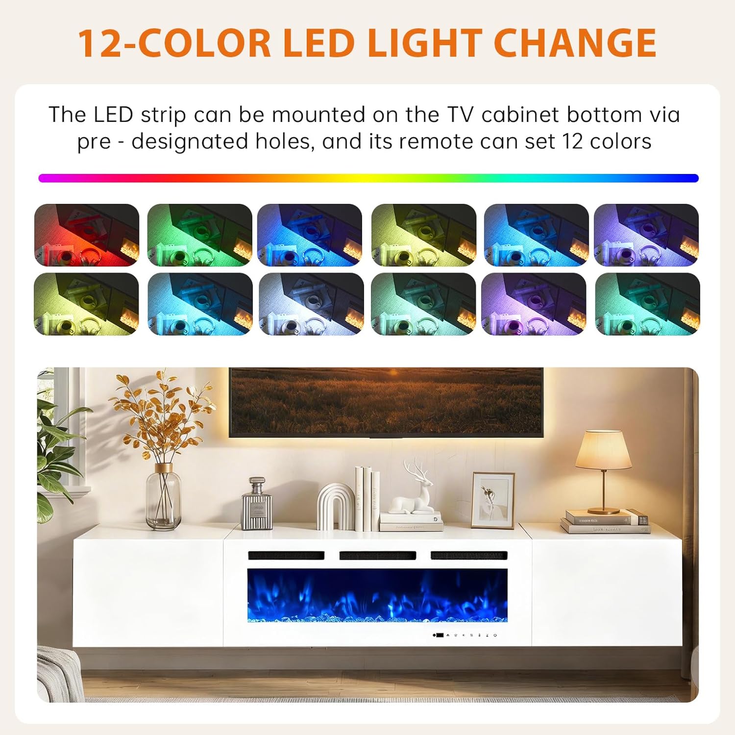 80" Floating Fireplace TV Stand, White Entertainment Center & White Electric Fireplace, High Gloss Doors, Floating TV Console Wall Mounted, Suitable for TVs up to 90 Inches