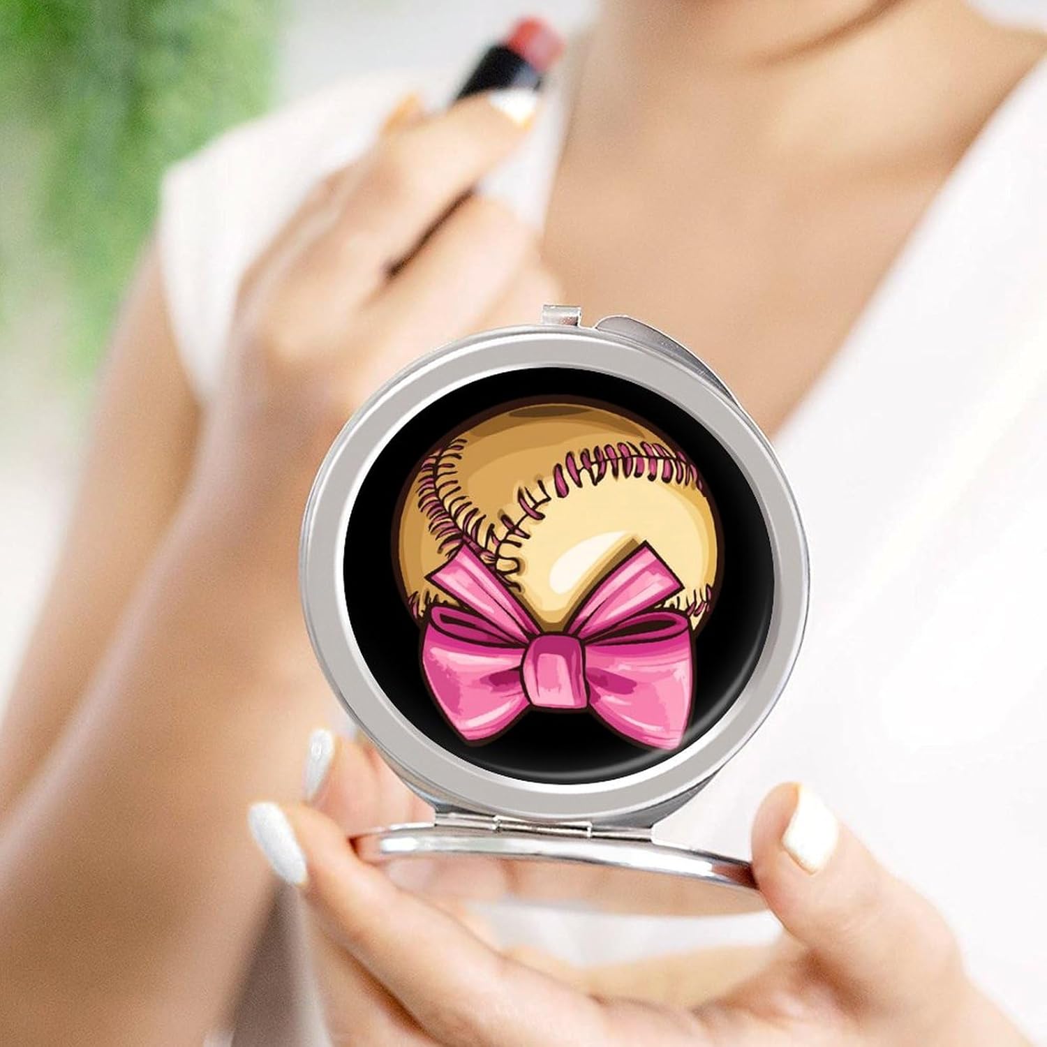 Bow Softball Mom Compact Makeup Mirror Mini Foldable Cosmetic Mirror Portable Travel Mirror for Purse Pocket