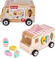 Fisher-Price Wooden Ice Cream Truck Shape Sorter Toy for Toddlers 18+ Months - 9 Piece Developmental Push-Along Playset