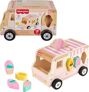 Fisher-Price Wooden Ice Cream Truck Shape Sorter Toy for Toddlers 18+ Months - 9 Piece Developmental Push-Along Playset