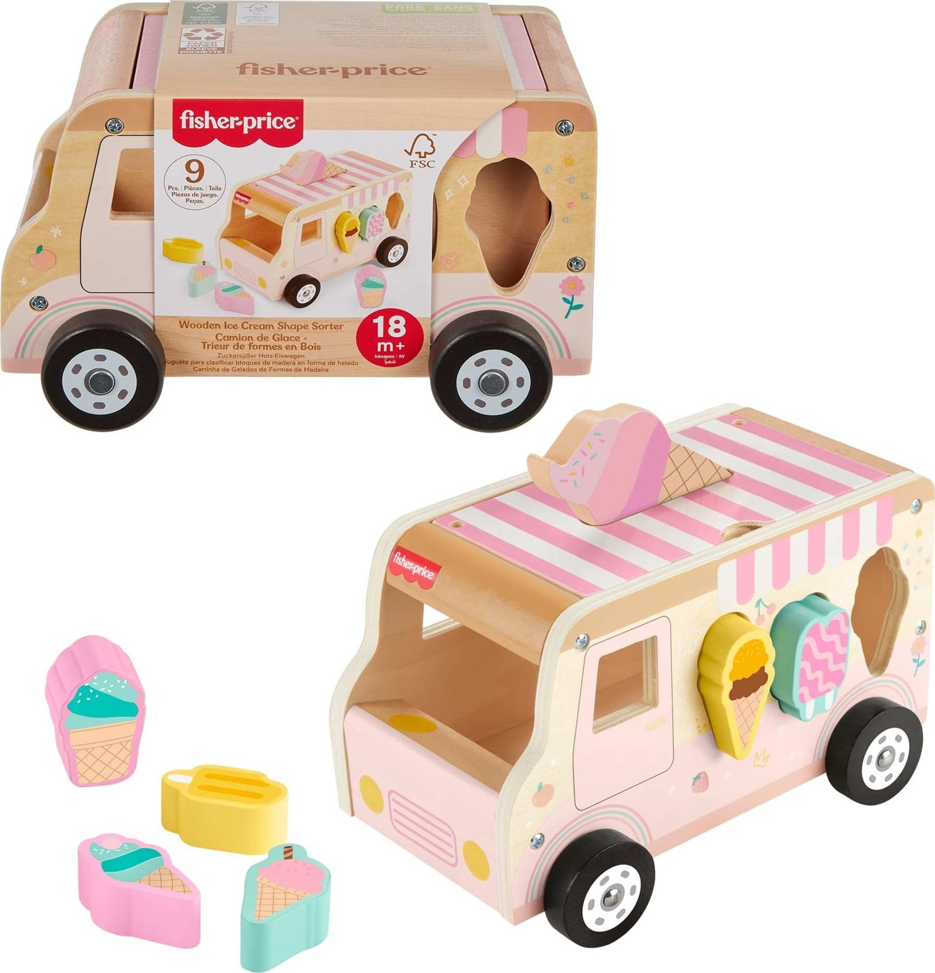 Fisher-Price Wood Toddler Toy Ice Cream Truck Shape Sorter Set