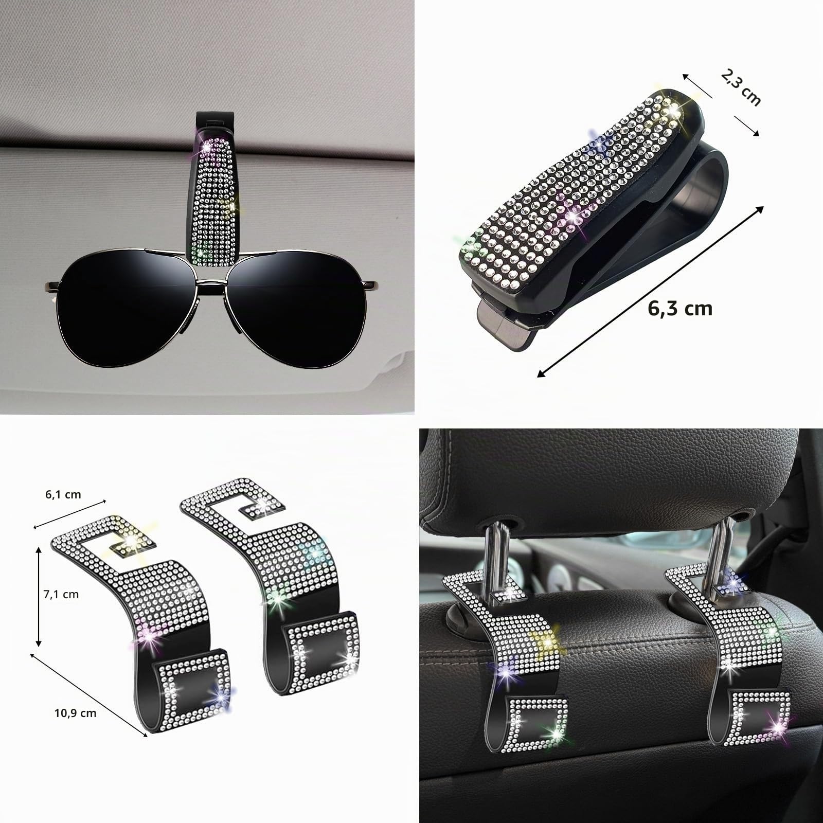 NBTEPEM 27-teiliges Bling Autozubehör-Set für Frauen, Lenkradabdeckungen Universal Fit 15 Zoll, Nummernschildrahmen, Handyhalter, Bling Auto-Untersetzer (Silber Diamant)