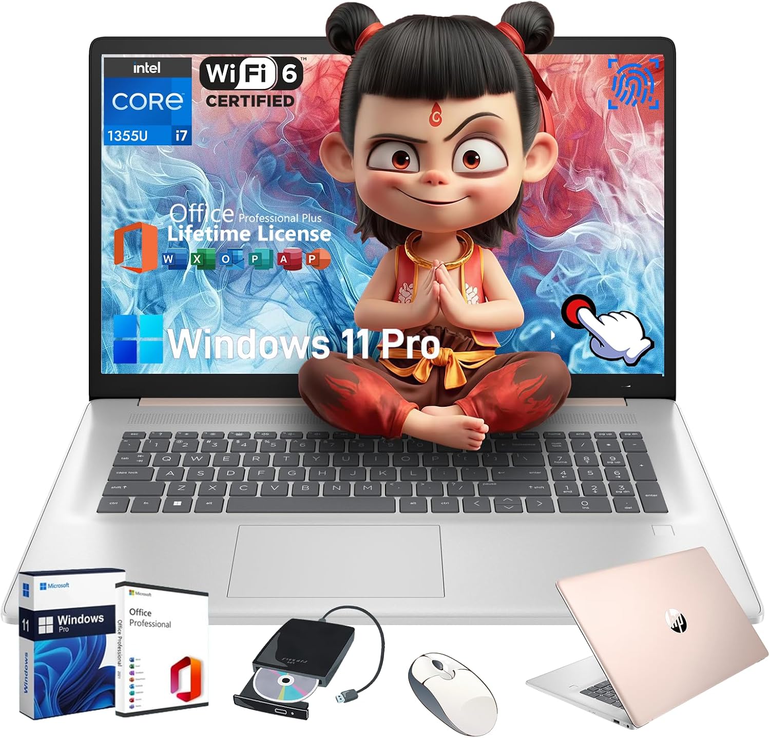 HP Premium 17.3-inch Business Laptop - w/Ai-Powered Office Lifetime - FHD Touchscreen - Intel i7-1355U - Fingerprint Reader - Wi-Fi 6 - Win 11 Pro w/mewhaul Bundle (64GB RAM | 2TB SSD)
