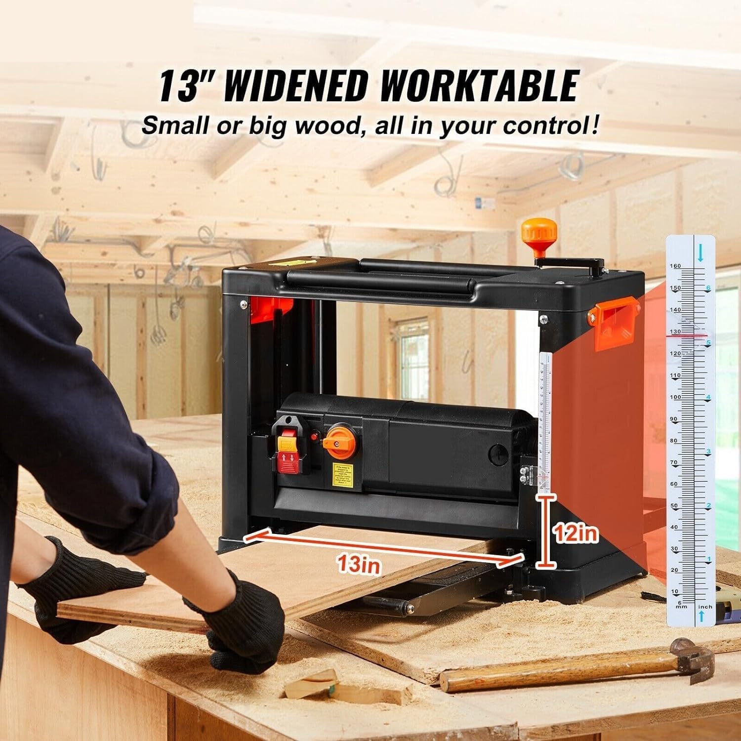 CHRISK 2000W Electric Thickness Planer Benchtop 13Inch Wood Planer with Three Blades Two Speed DIY Woodworking Planing