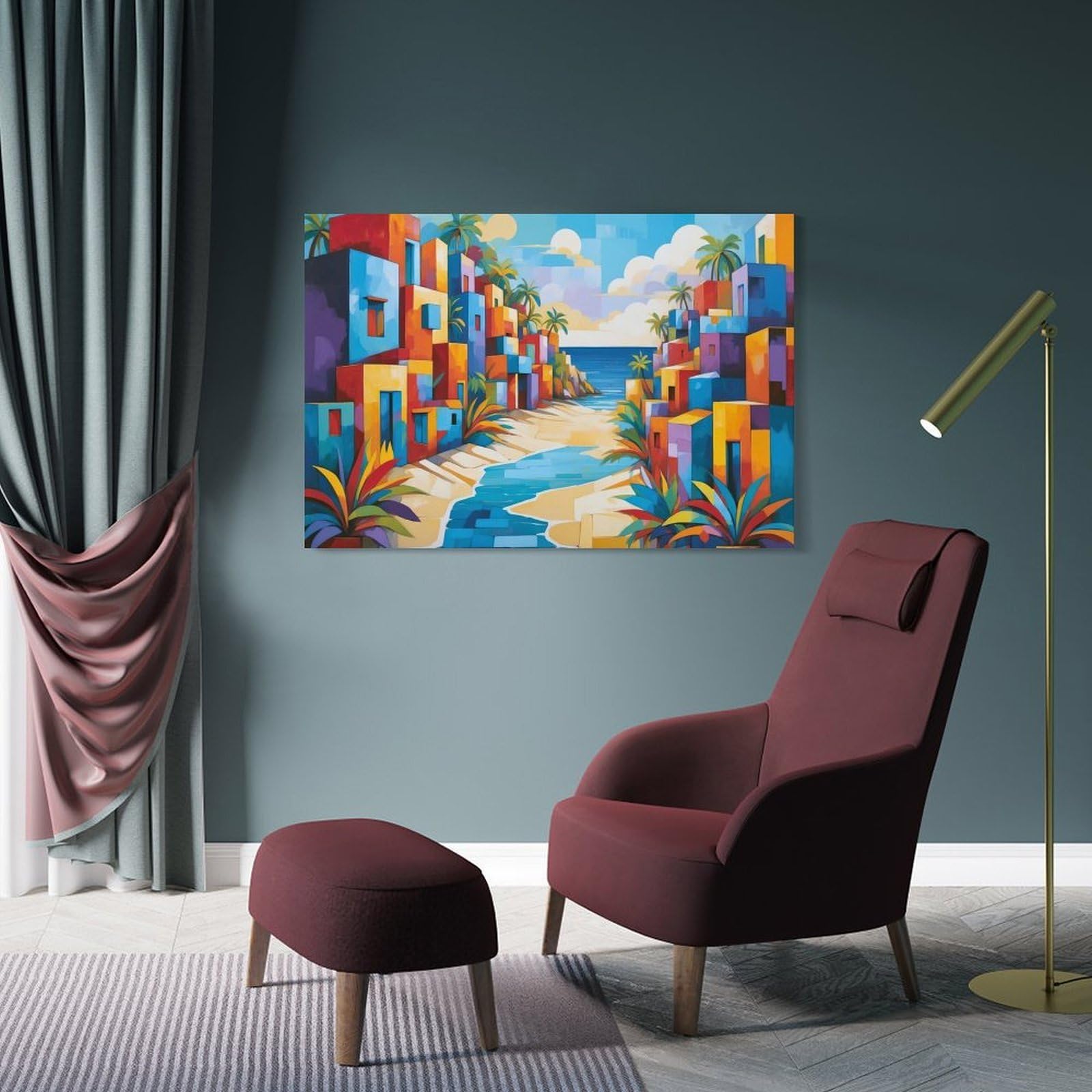 Junmoney Colorful Coastal Village Painting Wall Picture Print, 20x30inch(50x75cm), for New Homes, Bedrooms Or Workspaces, Thoughtful Wall Decor for Art Lovers