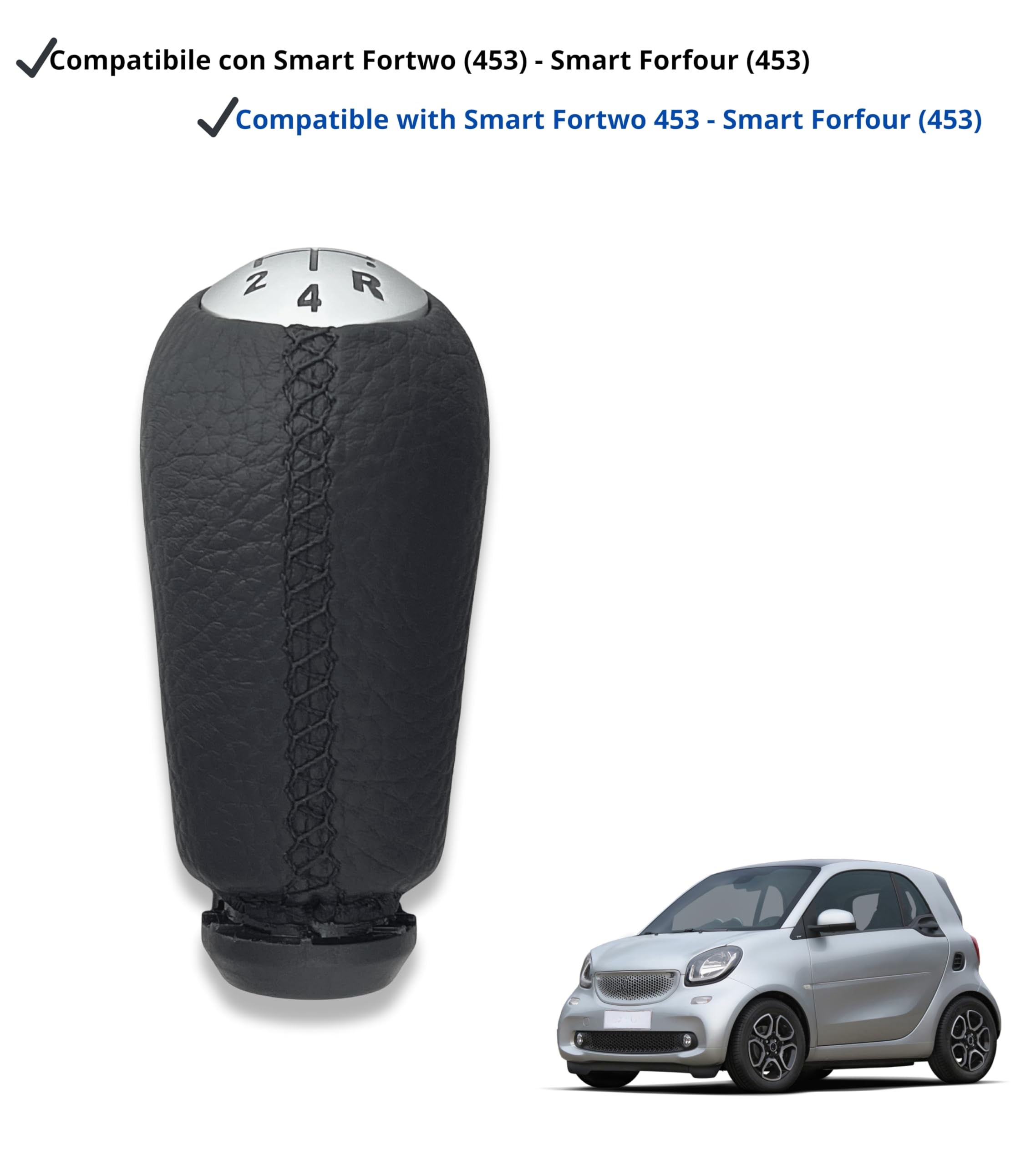 1neiSmartech Pomello Leva Cambio 5 Marce Compatibile con Smart Fortwo III 453 2014–2022 e Forfour W453 2014–2024, Cuciture Nere, con Retromarcia in Basso a Destra