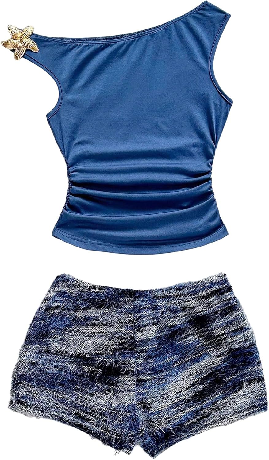 SOLY HUX Women's 2 Piece Summer Vacation Outfits Off the Shoulder Tops and Boho Shorts Matching Set
