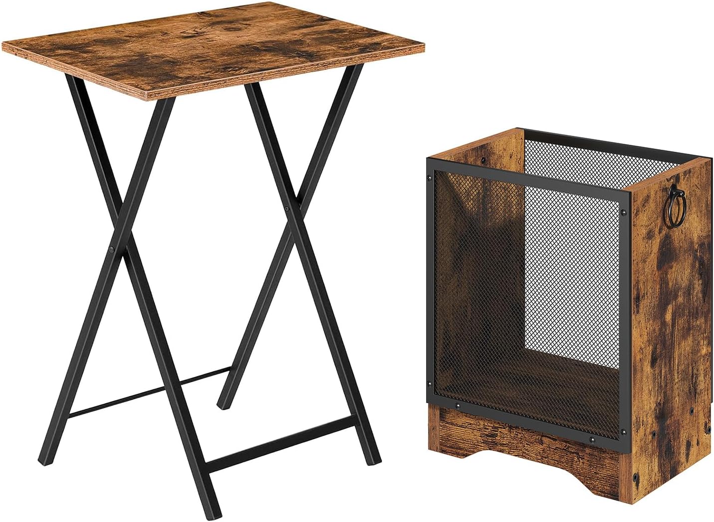 HOOBRO Folding TV Table and Office Trash Can Bundle,Stable Snack Table for Small Space, Retro Industrial Rectangular Trash Can，BF15BZ01-BF06LJ01