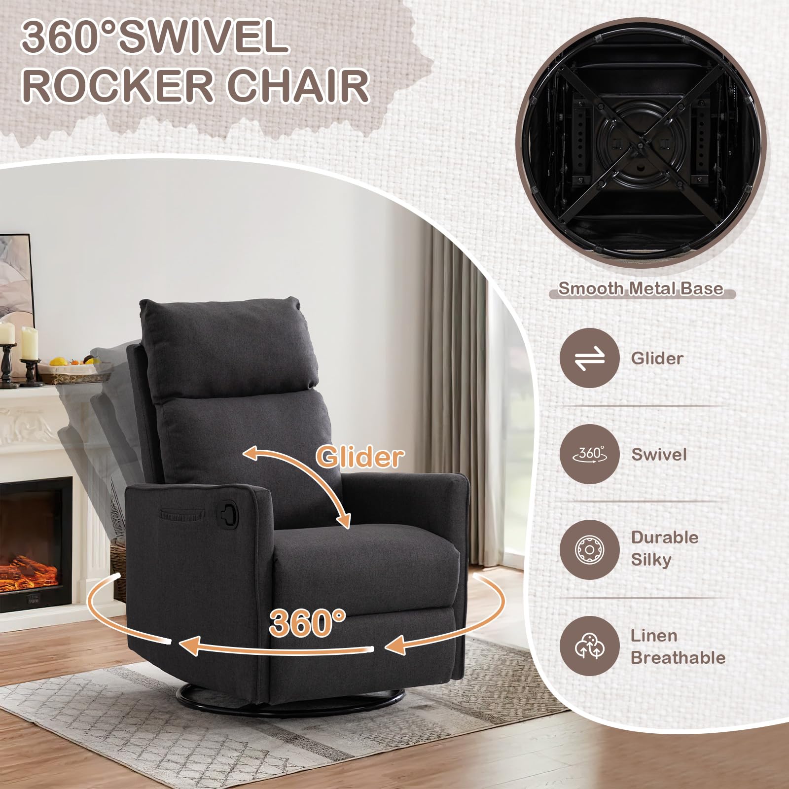 Amazon.com: Glider Rocker Recliner Chair, 360° Swivel Linen Manual