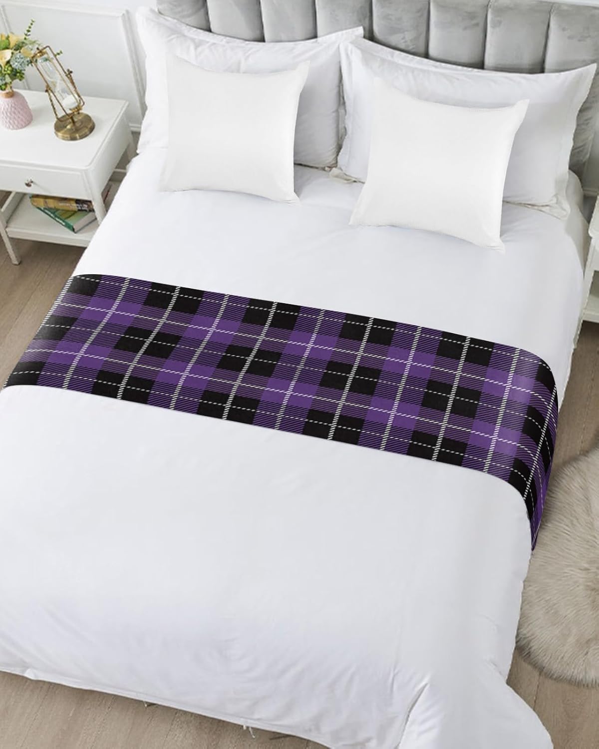 Bed Runner Halloween Bedroom Bedding Scarves for King Size Bed, Chic Checker 102x20In Bed Runners Scarf for Hotel Guestroom Wedding Room Decortions Classic Purple Black Buffalo Tartan Plaid