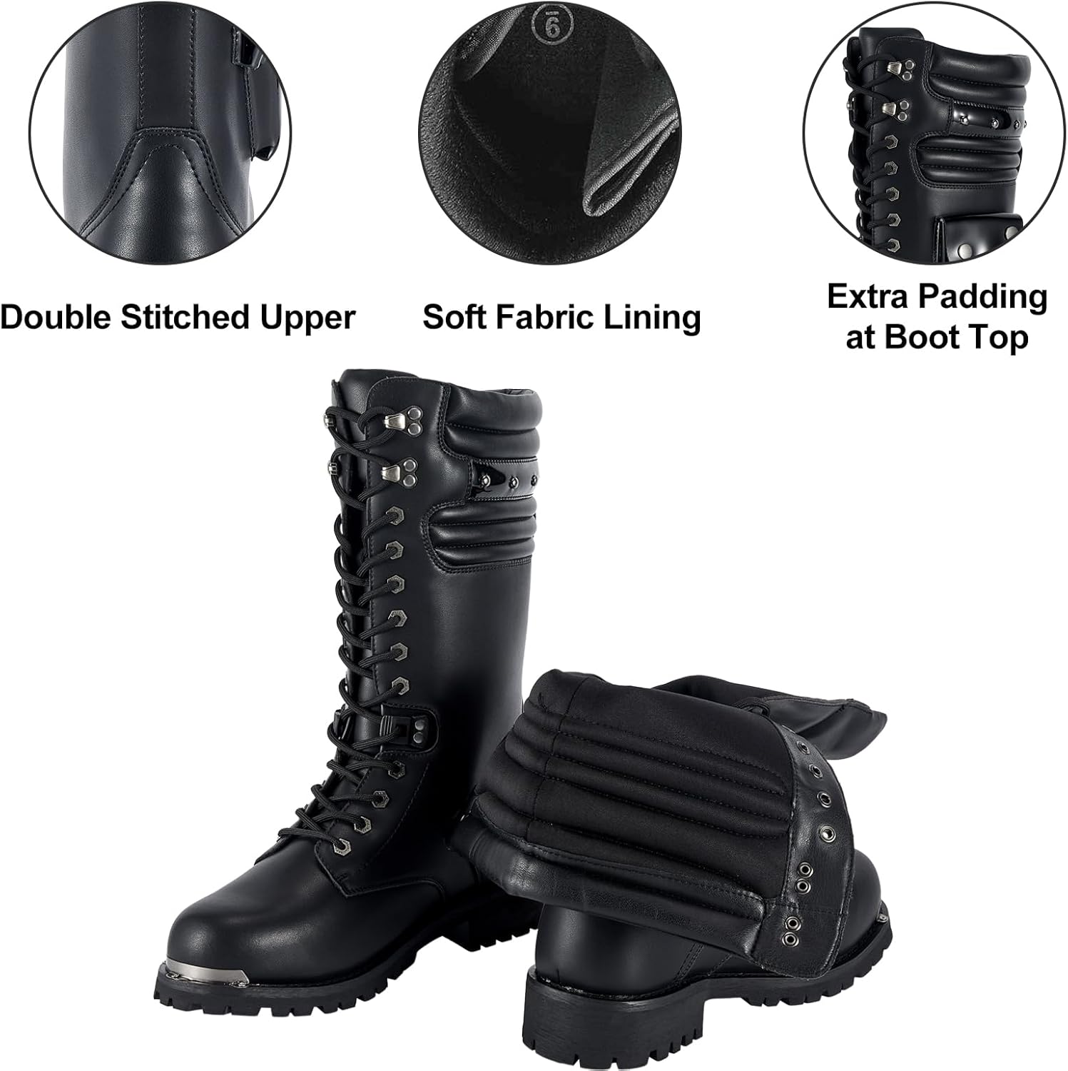 Dream Apparel Mens Motorcycle Riding Boots for Biker with Side Pocket, Black PU Leather Lace up Combat Boots, Waterproof Gothic Punk Mid Calf Footwear - Image 3