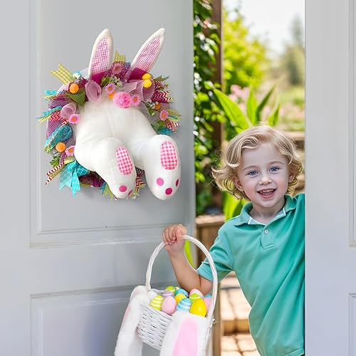 Miniatura 9 de Kit de corona de conejo de decoración de Pascua, lindo trasero de conejo con orejas para colgar en la pared del hogar, decoración de adorno de