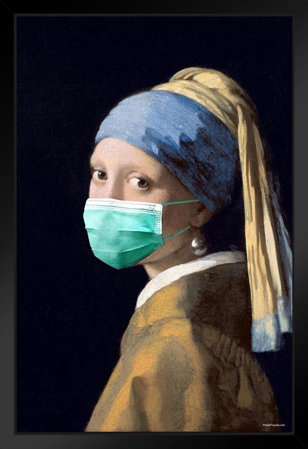 Amazon Com Girl With A Pearl Earring Wearing Mask Funny Johannes Vermeer Masked Pandemic Meme Classic Art Parody Laminated Dry Erase Wall Poster 12x18 Posters Prints
