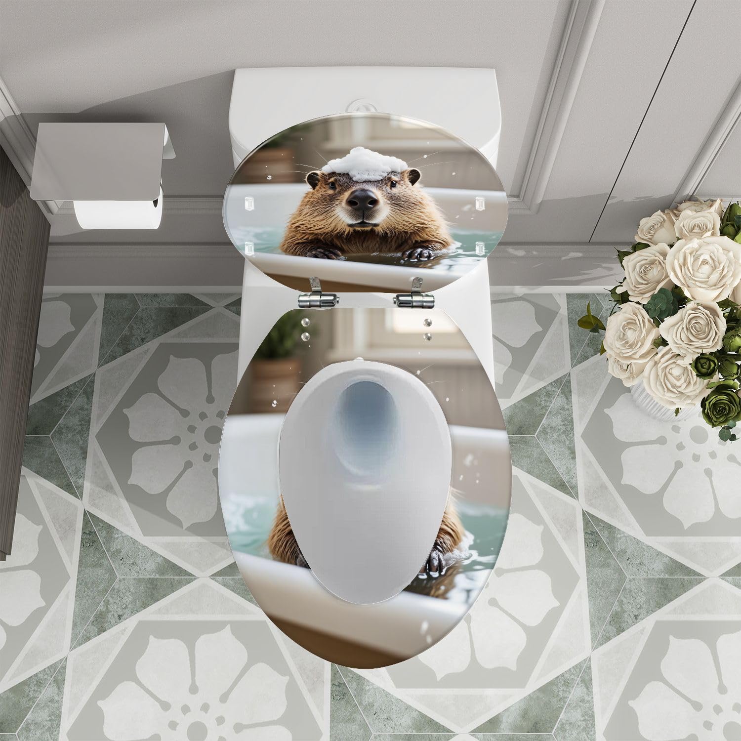 Sedile WC allungato in resina a forma di castoro, per uso bagno.