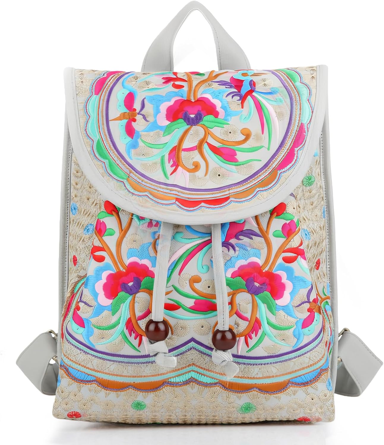 Goodhan Vintage Embroidered Backpack Purses for Women - Boho Shoulder Bag for Travel,Ethnic Floral Mini Back Pack,Lightweight Handbags for Daily Use (Grey-Red)