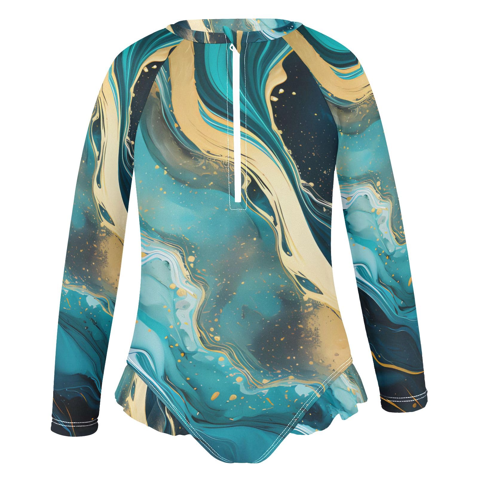 ALAZA Swimsuit for Girls Long Sleeve Rashguard Bathing Suit Blue Marble Gold Quick Dry 4T