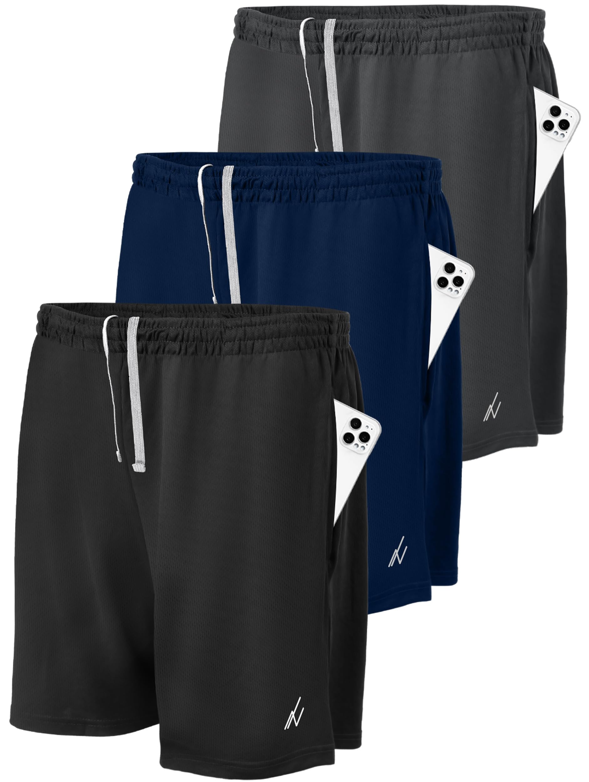 NY Threads 3 Pack Men's Athletic Shorts Quick Dry Lightweight Workout Running Gym Shorts with Pockets, Medium, Black/Navy/Dark Grey