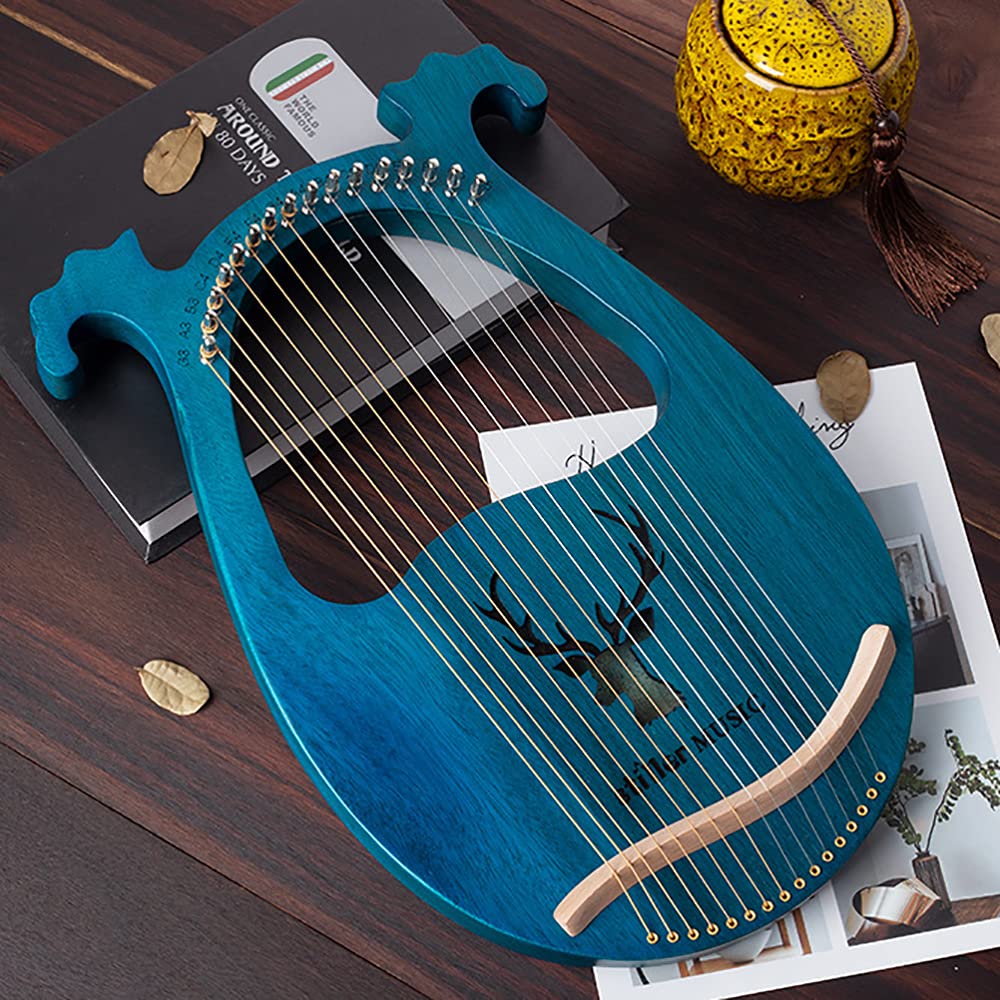 16 cuerdas Lyre Harp, arpa, arpa, cuerpo de caoba, con llave de afinación, trapos, púas (alce - azul)
