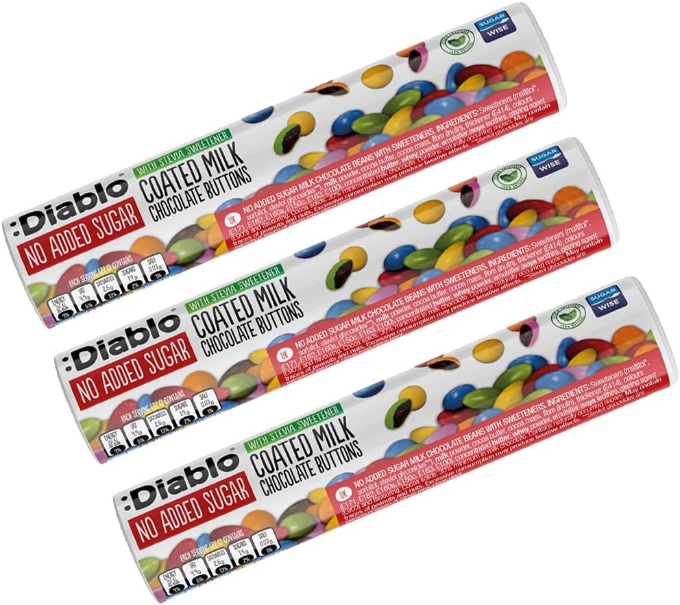 Diablo Milk Coated Chocolate Buttons | No Added Sugar | Sweetened with Stevia | Diabetic Chocolate Hamper Basket Available - Perfect for Gifting | 22g (Pack of 3)