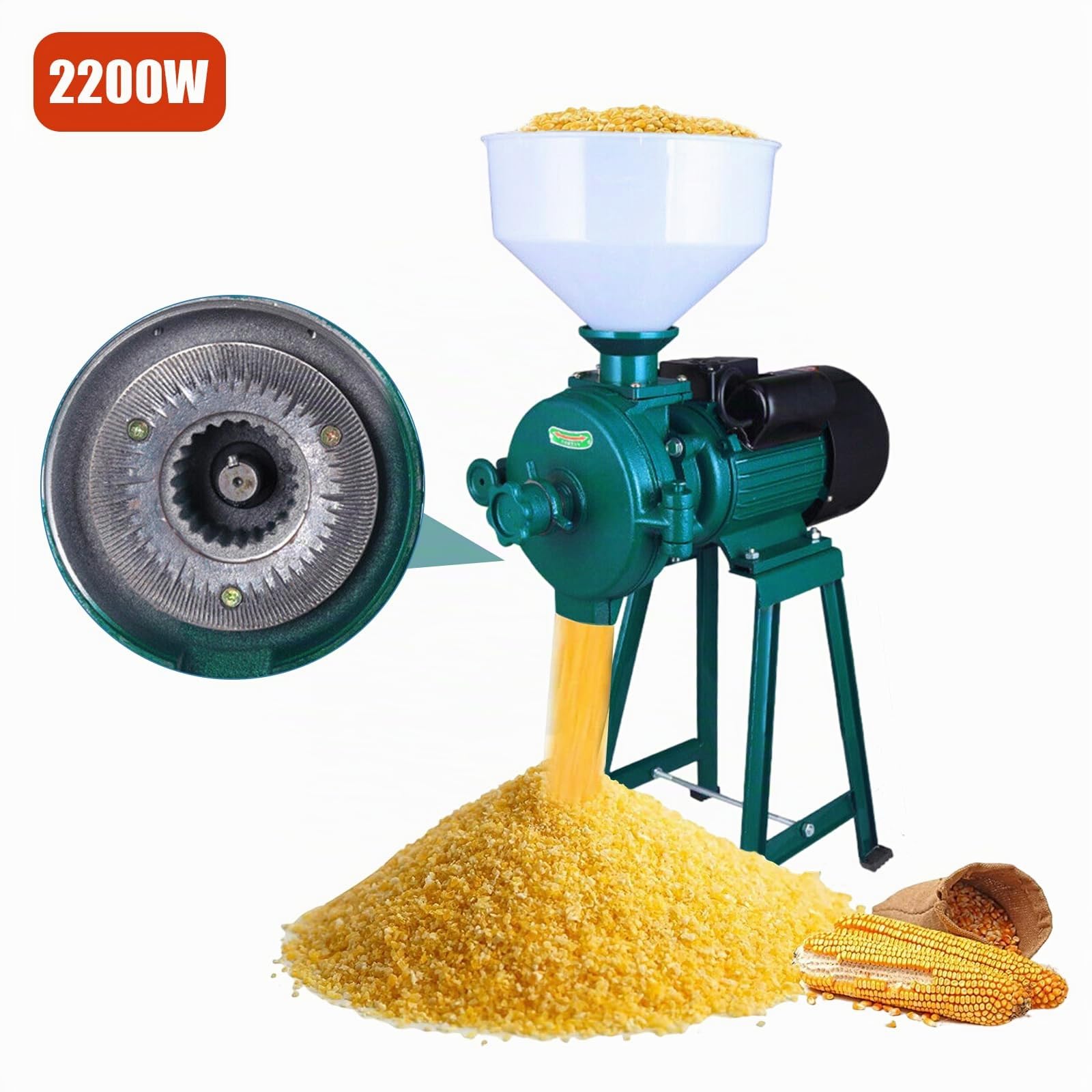 Moulin électrique pour céréales avec moteur puissant de 2200 watts, 50-75 kg/h finesse minimale des particules 0,3 mm, concasseur à céréales avec entonnoir moulin (vert herbe)