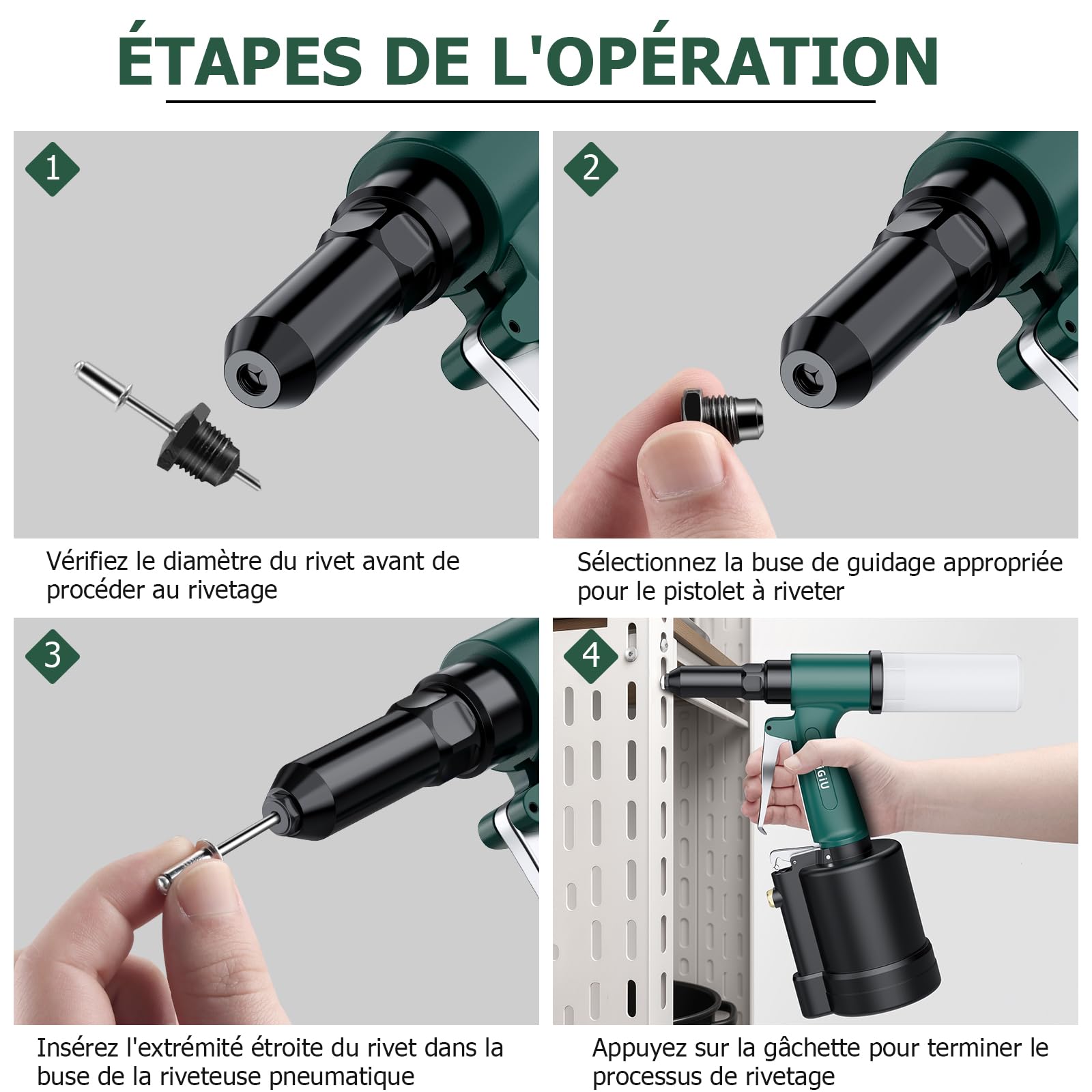 JiGiU Riveteuse Pneumatique 1408KGF avec 4 Buses 2,4 à 4,8mm | Pistolet à Rivets Pneumatique Robuste et Professionnelle, pour Atelier, Voiture, Réparation, Construction, Industrie