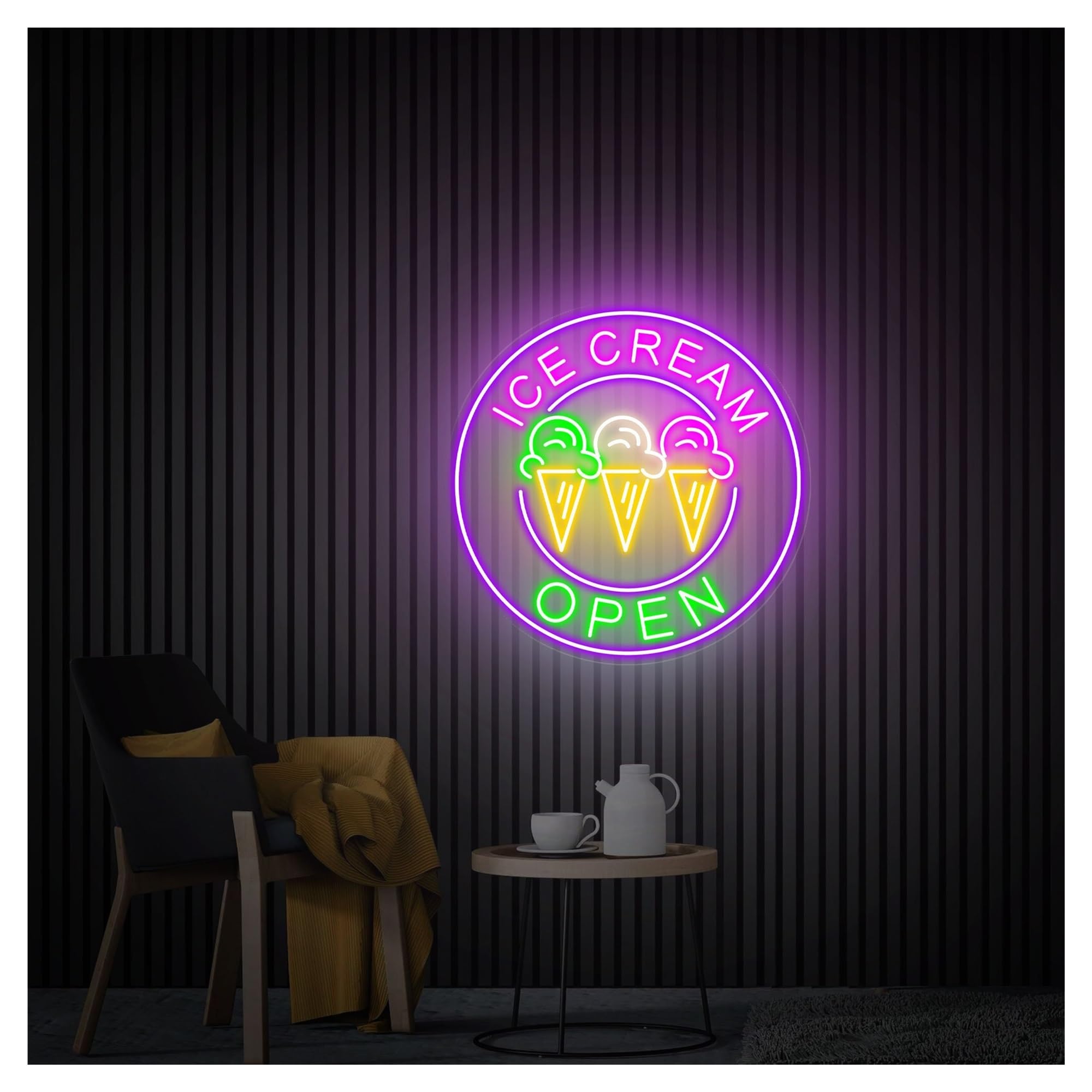 RONGCH Hanging Art Signs Ice Cream Open Neon Sign,Suitable for Cafe Dessert Shop Decor with Dimmable 50cmx50cm(E)