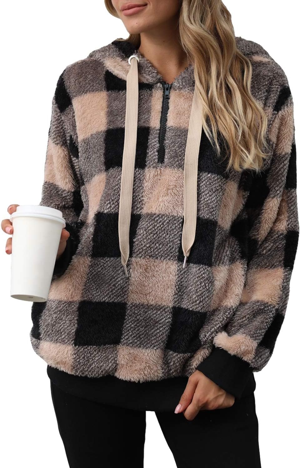 ReachMe Womens Oversized Sherpa Pullover Hoodie with Pockets Fuzzy Fleece Sweatshirt Plaid Fluffy Jacket Coat