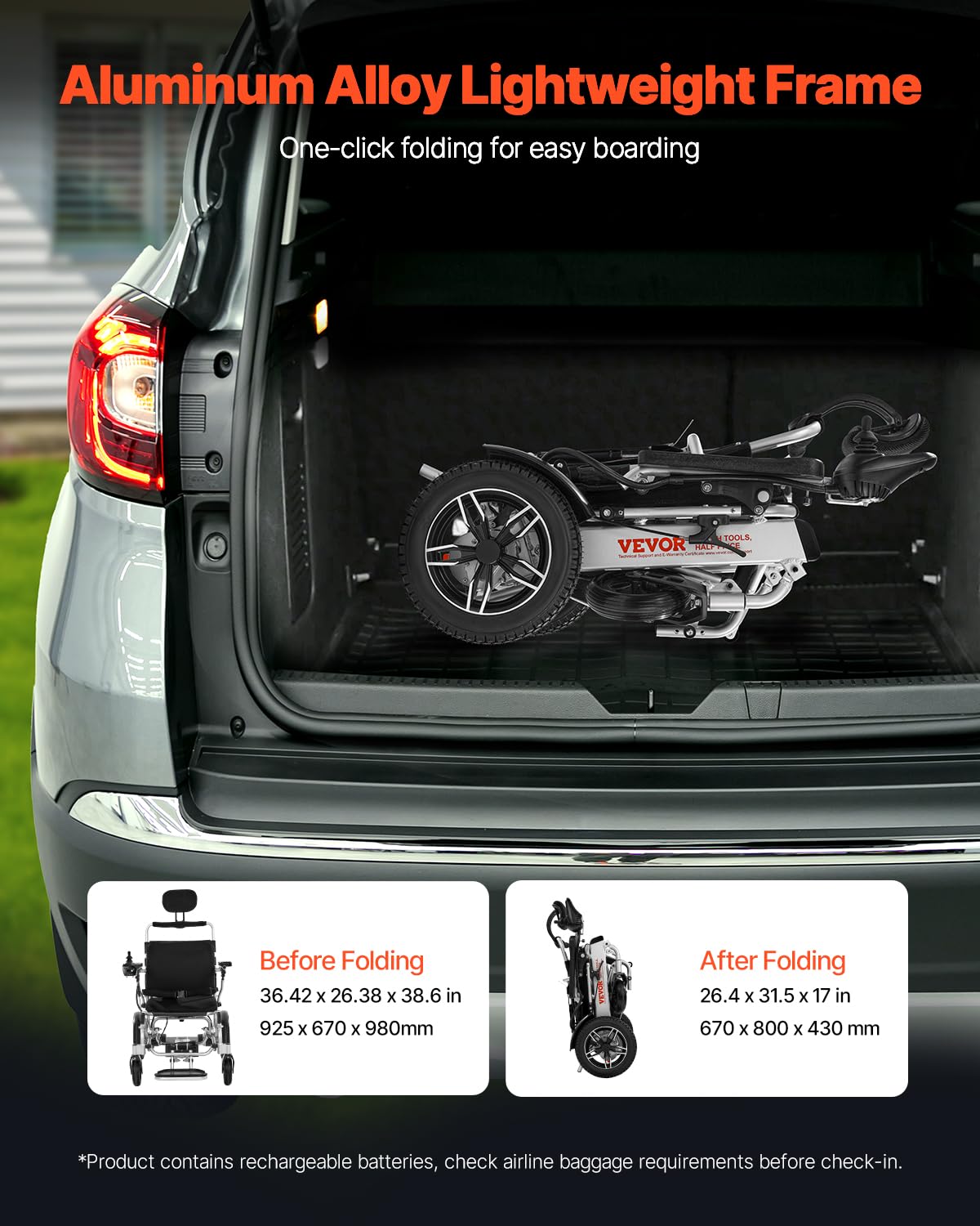 VEVOR Silla de Ruedas Eléctrica para Adultos Capacidad de 136 kg Respaldo Ajustable Plegable Ligera Motorizada Autonomía de 21 km Asiento de 53 cm Todoterreno para Personas Mayores, Discapacitadas