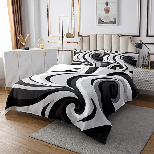 Miniatura 3 de Juego de ropa de cama de 3 piezas con diseño de espirales geométricos para mujer, ropa de cama ligera, color gris y negro, juego de colcha moderna y