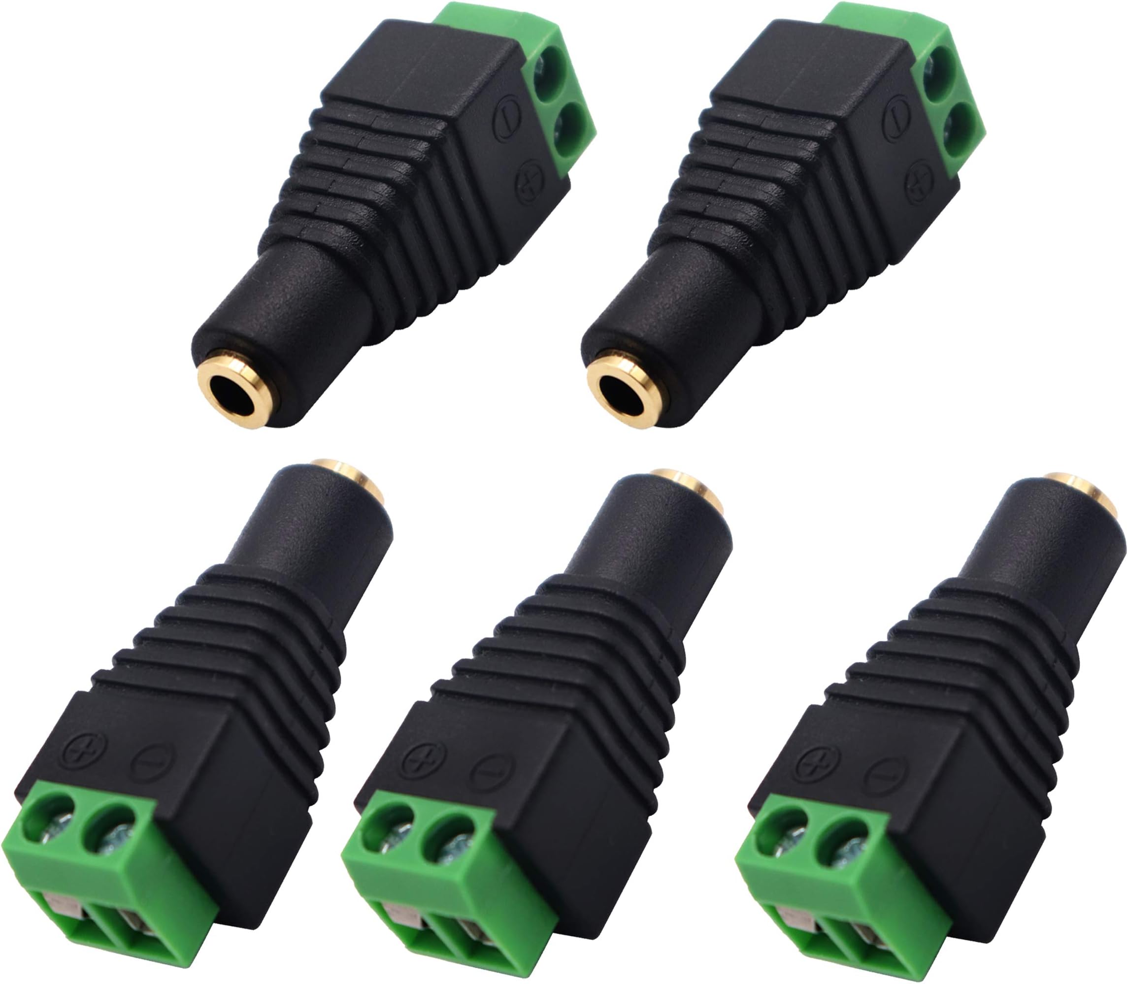 3.5mm Screw Terminal Gold Plated 3.5mm (1/8") TS Mono Female to 2 Pin Female Screw Terminal AUX Headphone Balun Solderless Converter Adapter (5-Pack)