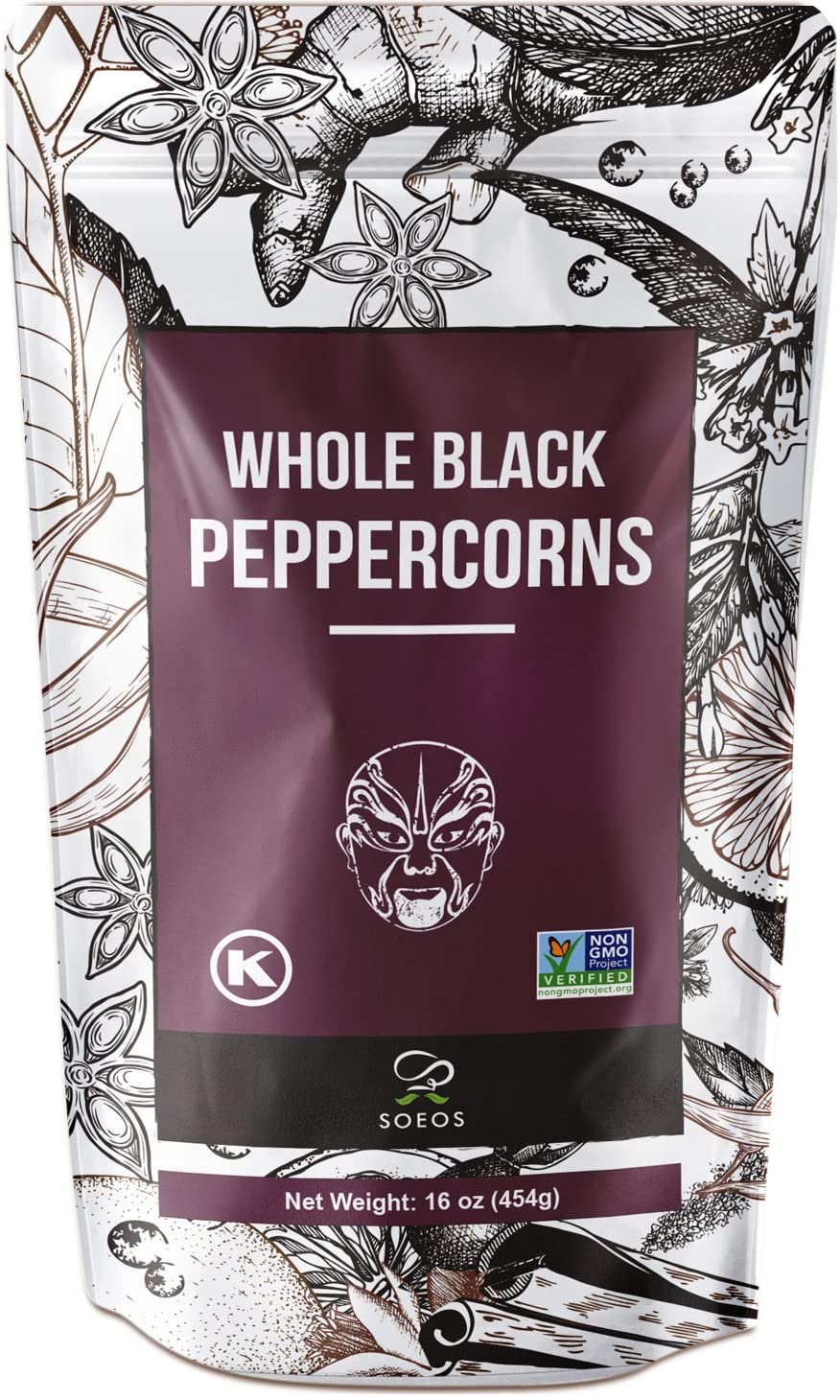 Soeos Whole Black Peppercorns 16 oz, whole peppercorn , NON-GMO Verified, Kosher, Grade AAA, Vacuum Sealed Package to Keep Peppers Fresh, Safe, and Better Taste, Black Peppercorns for Grinder/Pepper Mill Refill, Whole Black Peppercorns Peppercorn for Grinder Refill , Bulk Peppercorns, 16 Ounce : Grocery & Gourmet Food